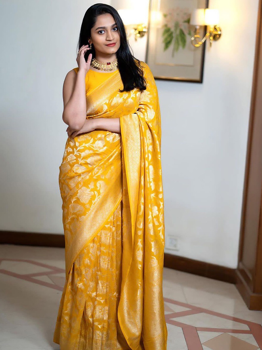 

Anjaneya Sarees Woven Design Zari Silk Blend Banarasi Saree, Yellow