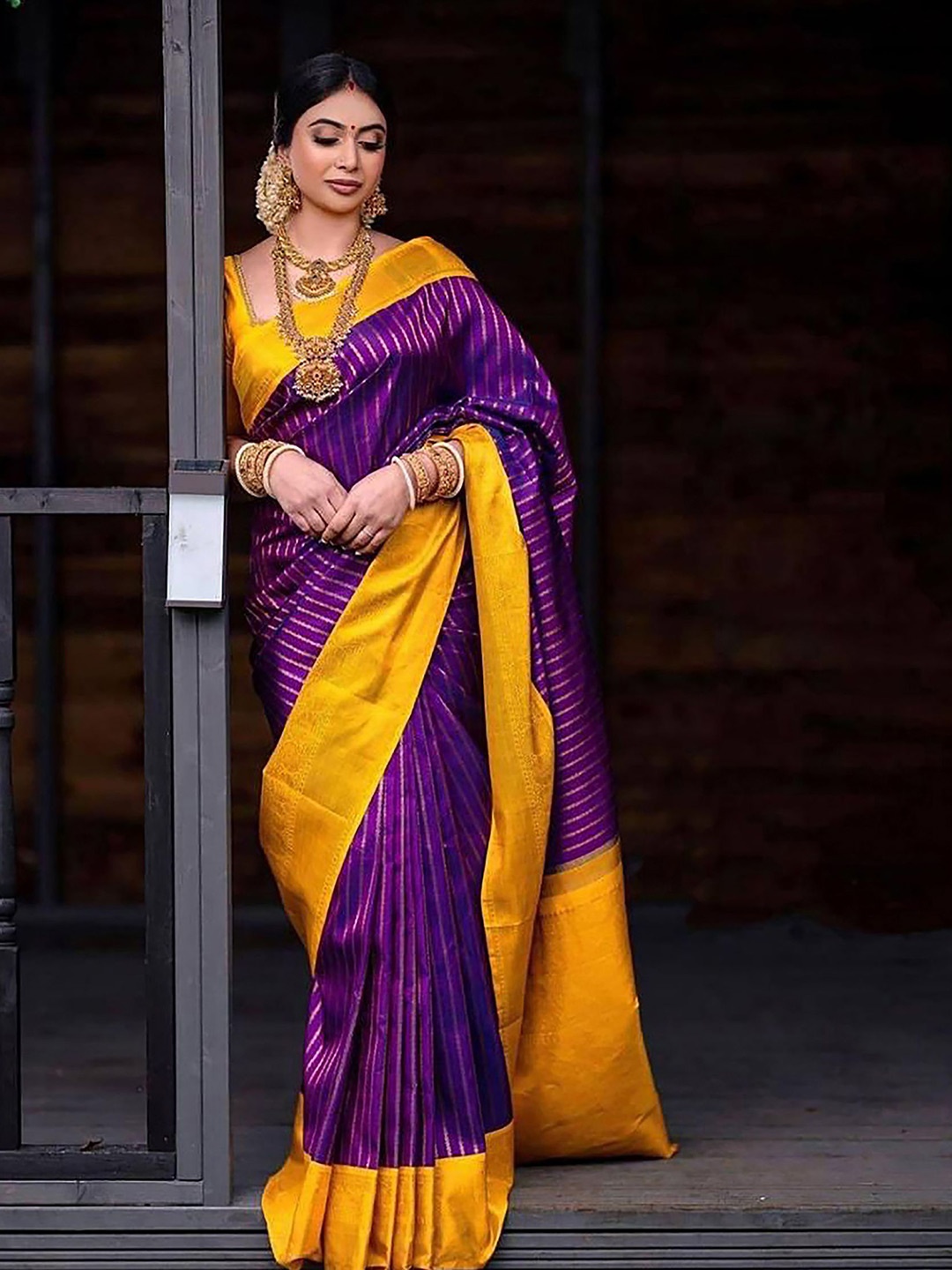 

Anjaneya Sarees Woven Design Zari Silk Blend Banarasi Saree, Purple