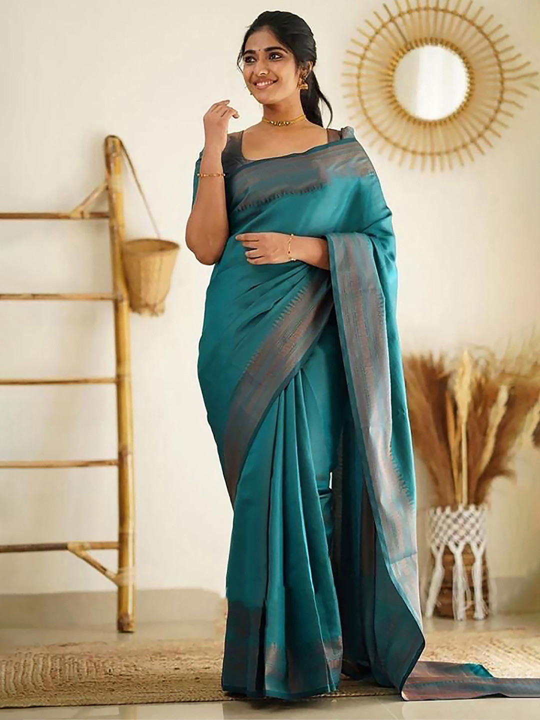 

Anjaneya Sarees Woven Design Zari Silk Blend Banarasi Saree, Blue