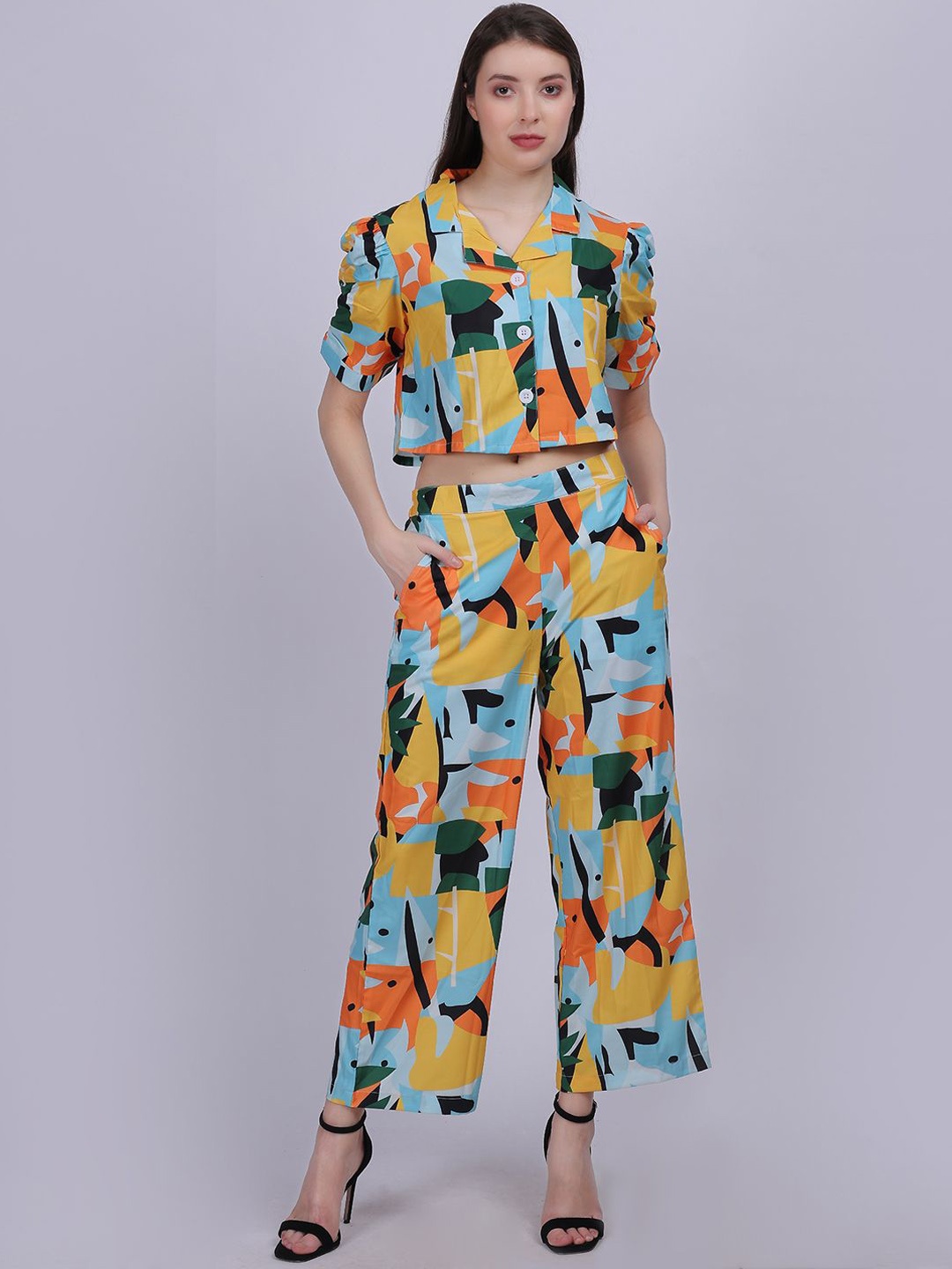 

Aumbe Abstract Printed Lapel Collar Neck Shirt With Trousers Co-Ords, Blue