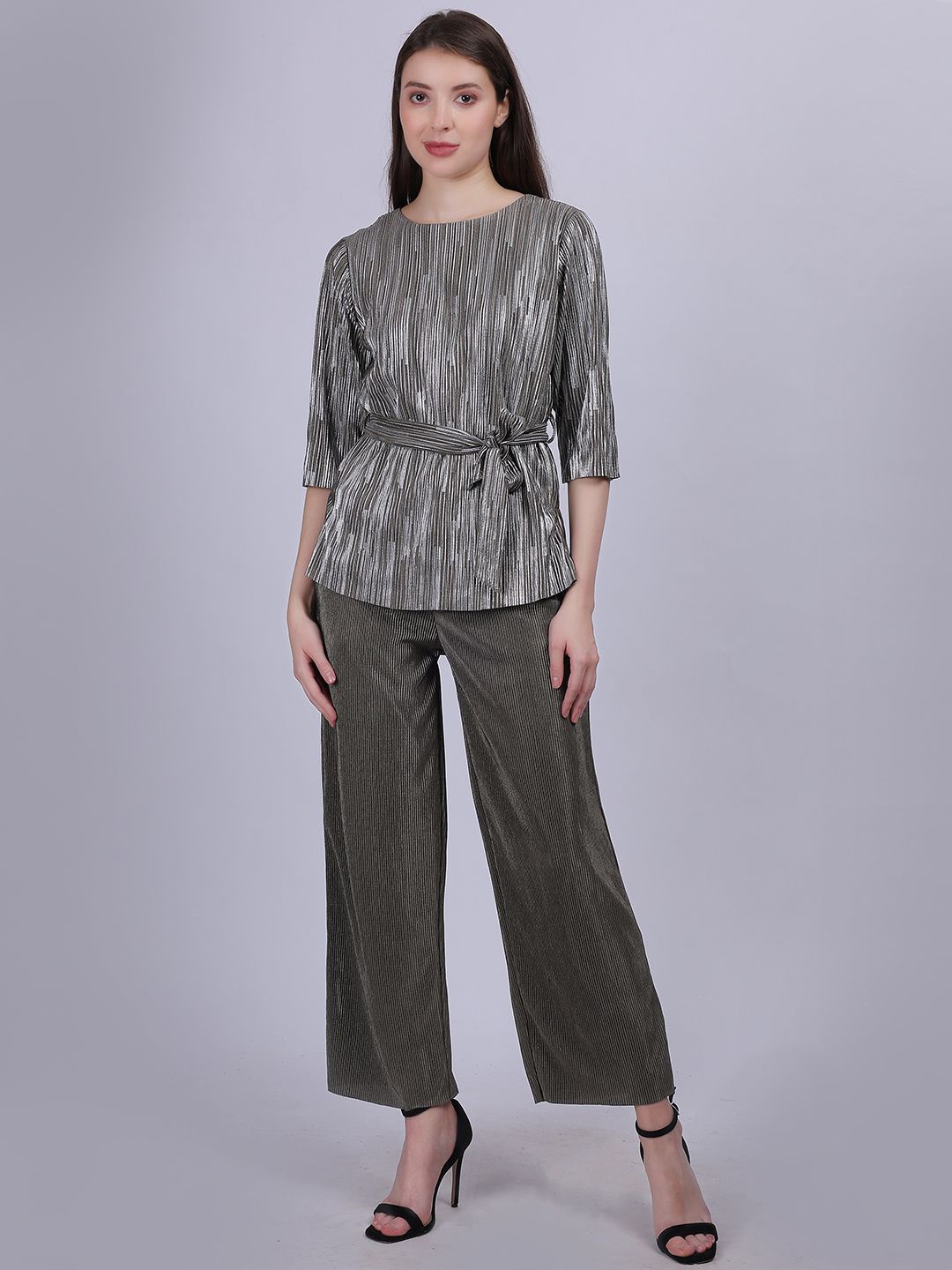 Aumbe Shimmer Pleated Top With Palazzo Co-Ords, Olive