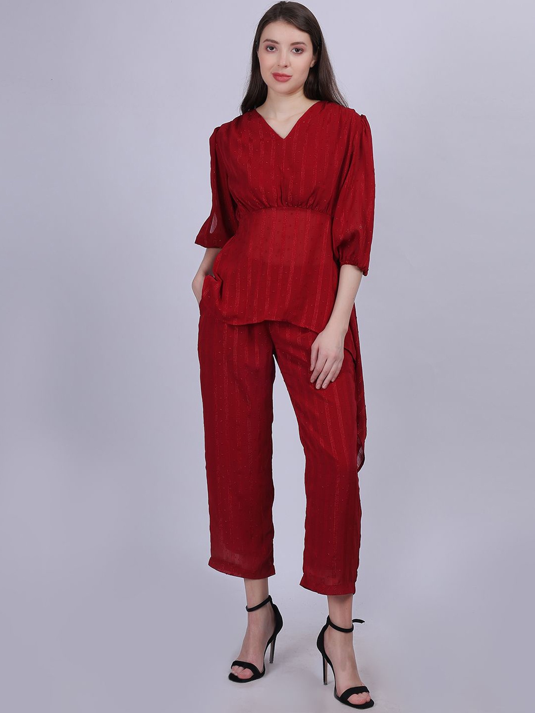 Aumbe Self Design V Neck Asymmetric Top With Trousers Co-Ords, Red