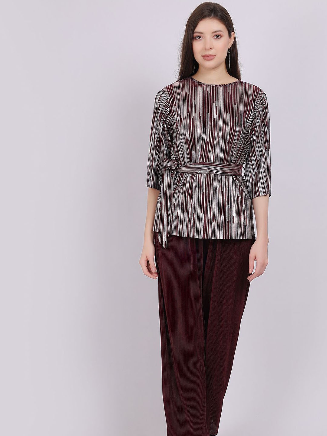 

Aumbe Shimmer Pleated Top With Trouser Co-Ords, Maroon