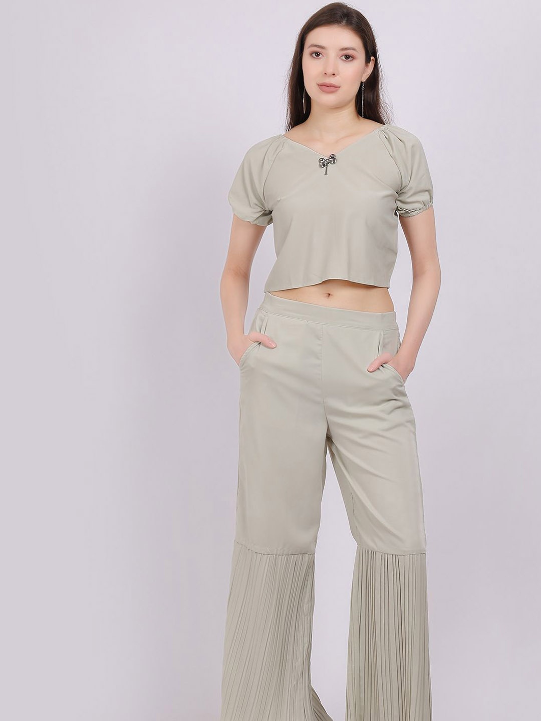 

Aumbe V-Neck Crop-Top With Palazzo Co-Ords, Grey