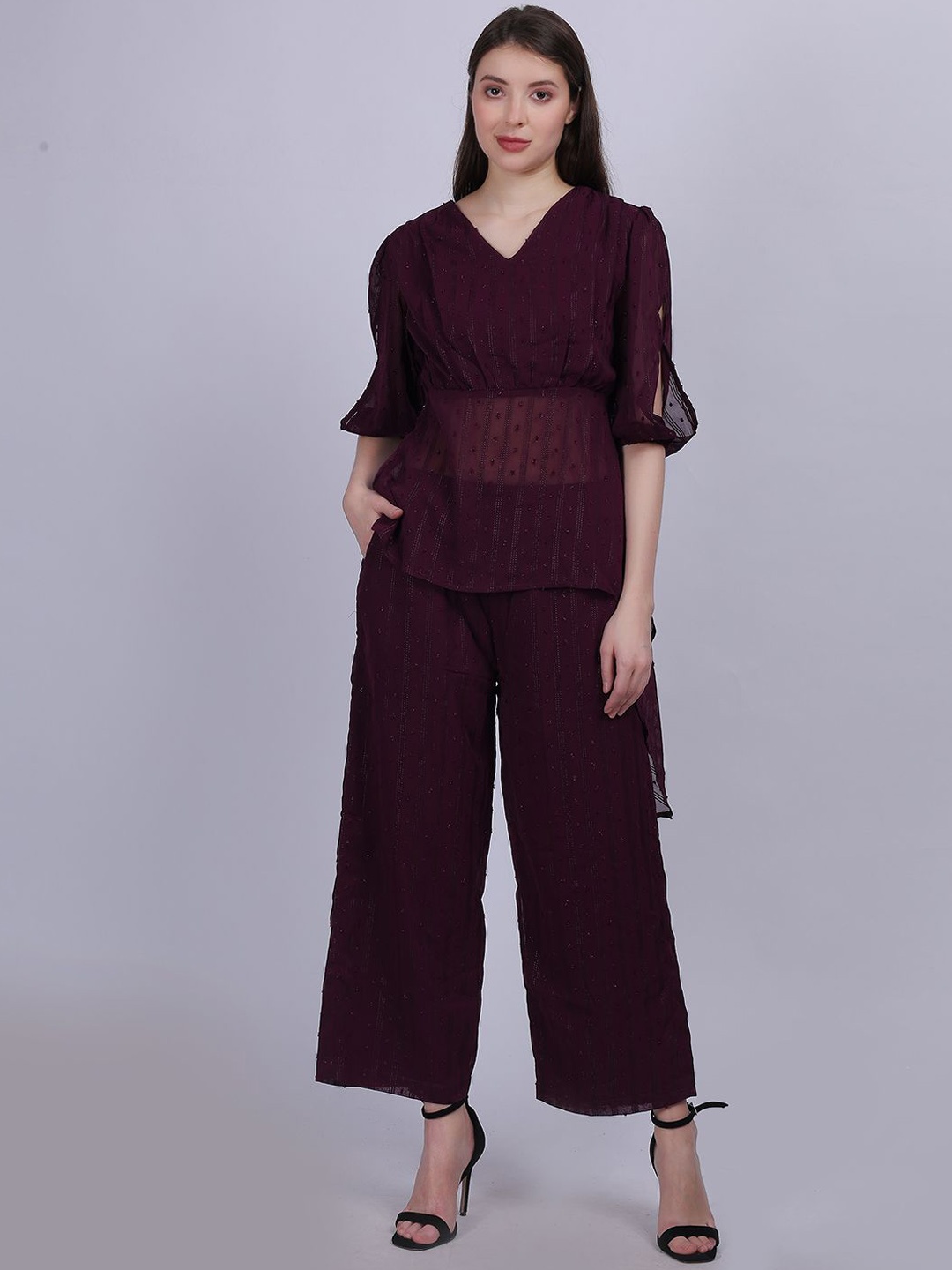 

Aumbe Embellished V-Neck Top With Palazzo Co-Ords, Purple