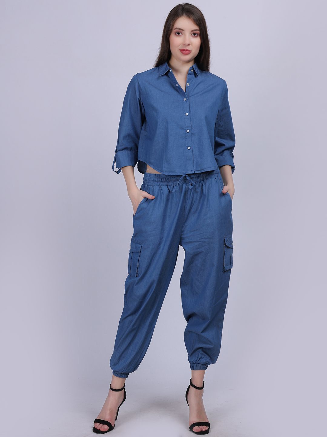

Aumbe Shirt Collar Neck Three-Quarter Sleeves Crop Shirt With Trousers Co-Ords, Blue
