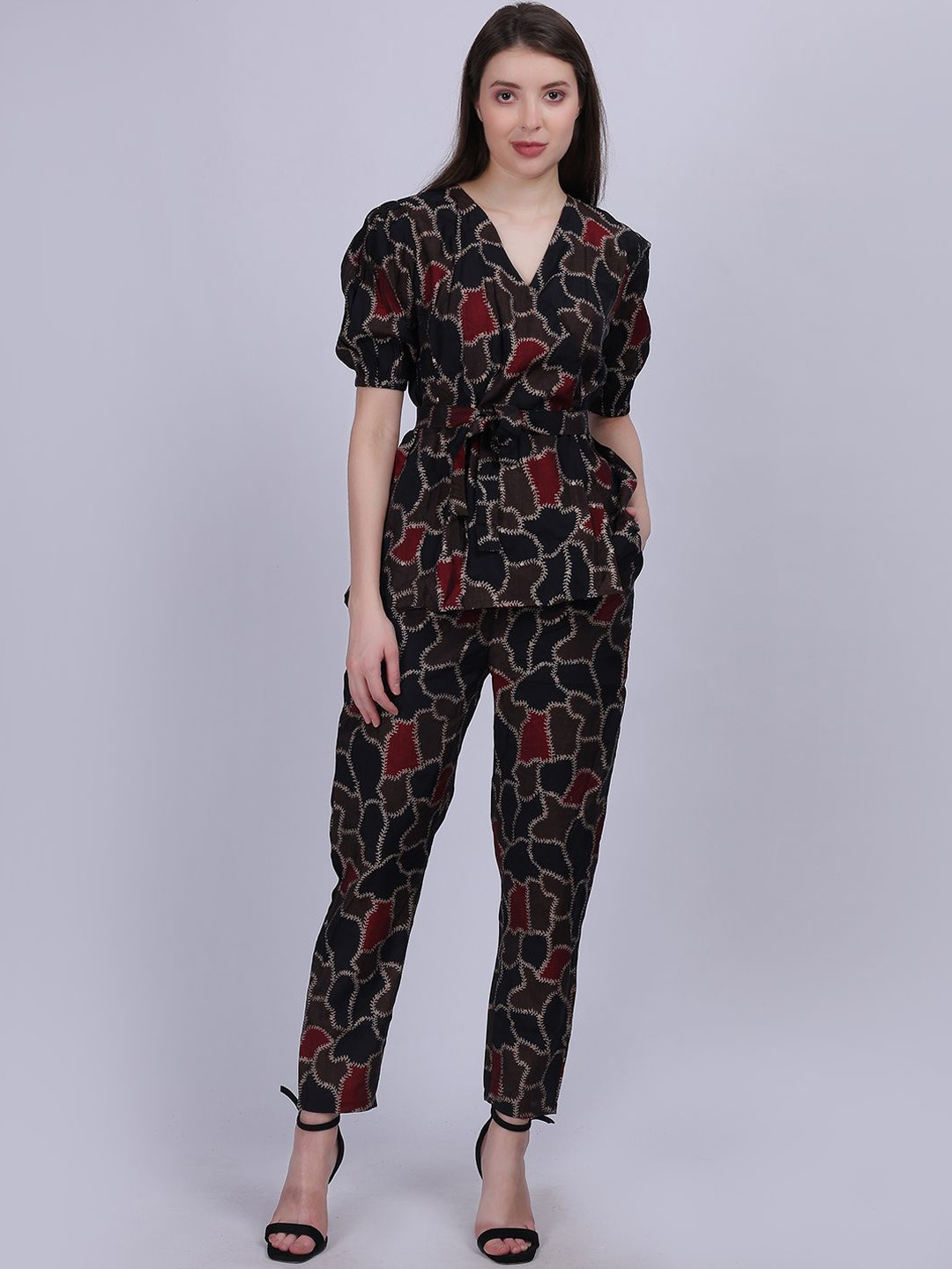 

Aumbe Abstract Printed V Neck Top With Trousers Co-Ords, Black