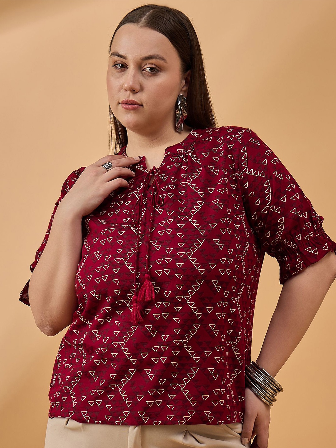 all about you Women Plus Size Puff Sleeves Top, Maroon