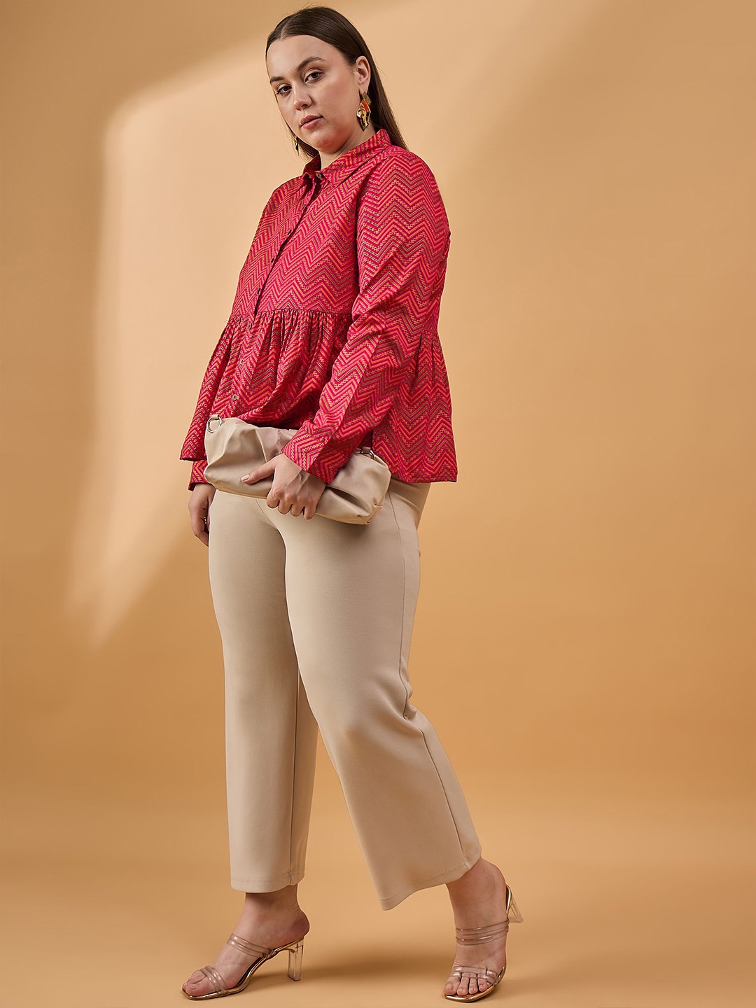 

all about you Women Plus Size Shirt Collar Cuffed Sleeves Peplum Top, Red
