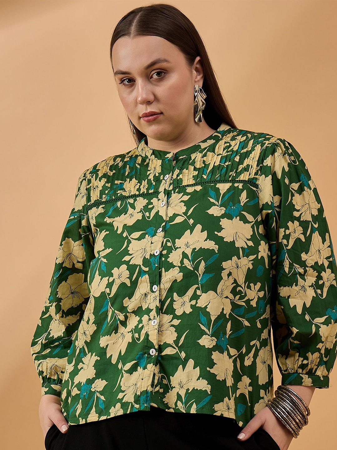 

all about you Women Plus Size Floral Prined Mandarin Collar Cotton Top, Green