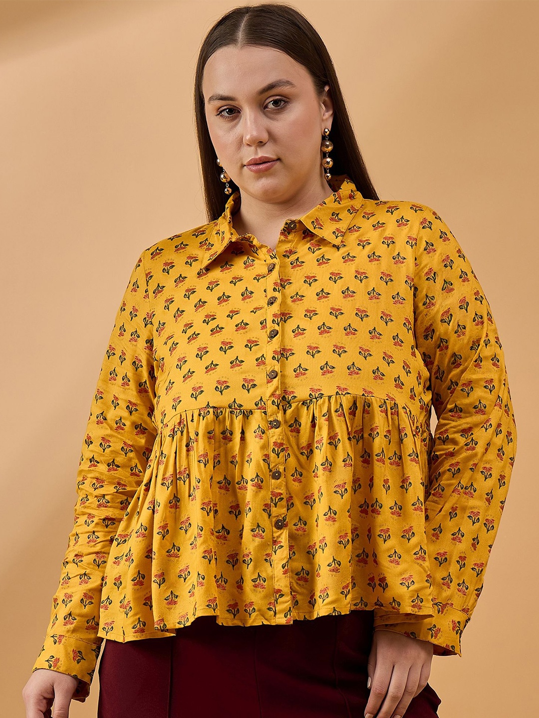 

all about you Women Plus Size Floral Shirt Collar Top, Mustard