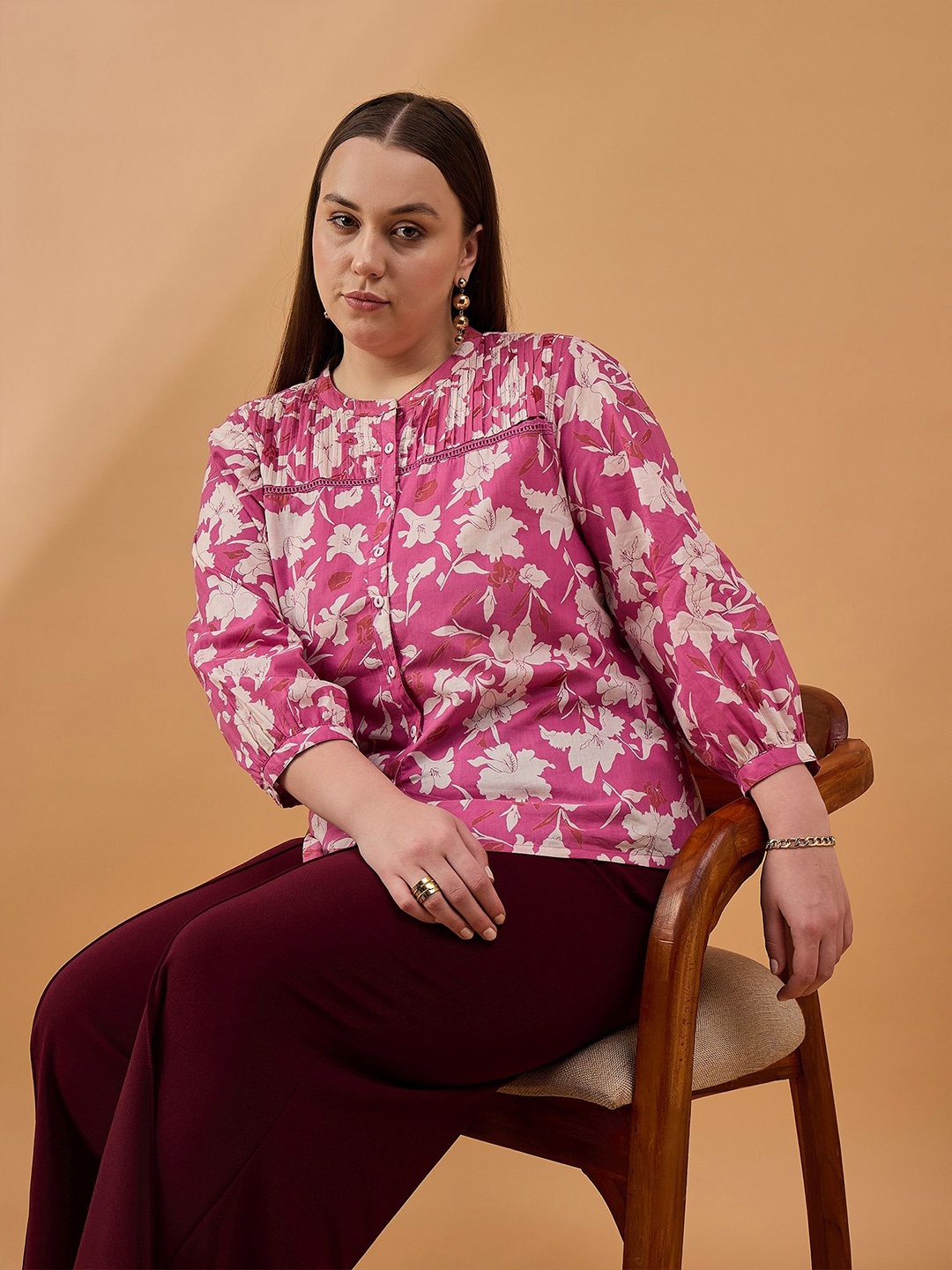 

all about you Women Plus Size Floral Printed Mandarin Collar Cotton Top, Pink