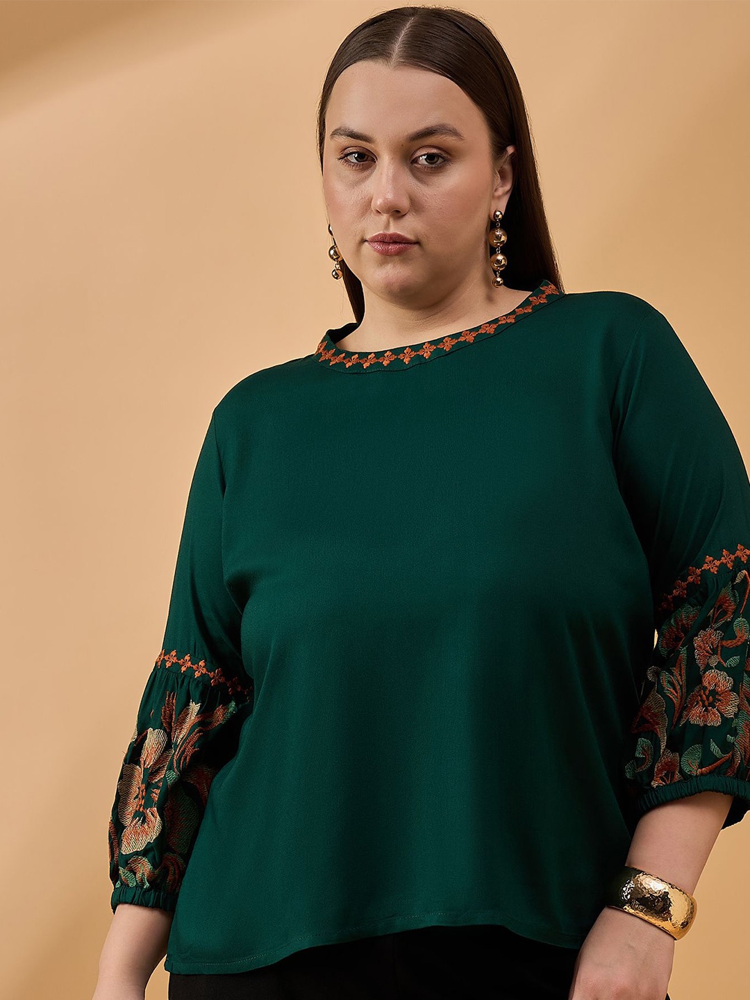 all about you Plus Size Round Neck Bishop Sleeves Top, Green