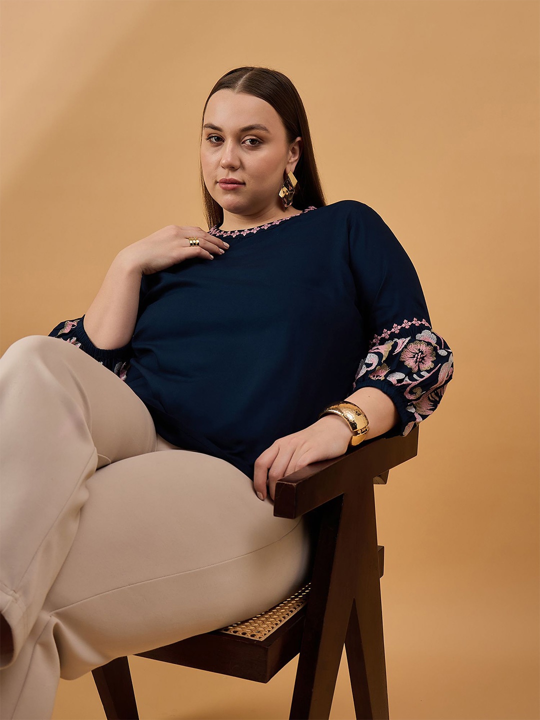 

all about you Plus Size Embroidered Top, Navy blue