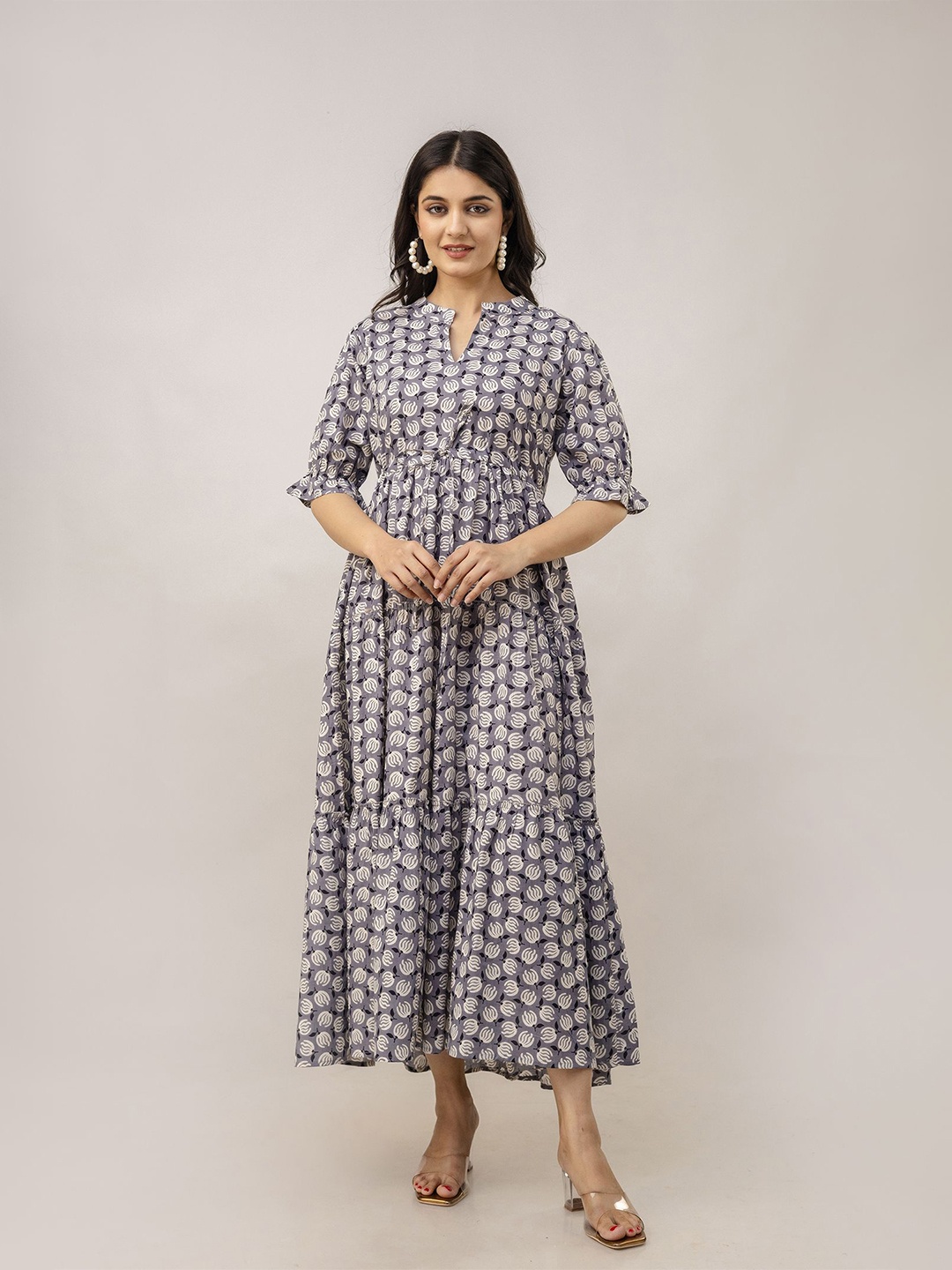 

Aawari Women Ethnic Motifs Print Fit & Flare Maxi Dress, Grey