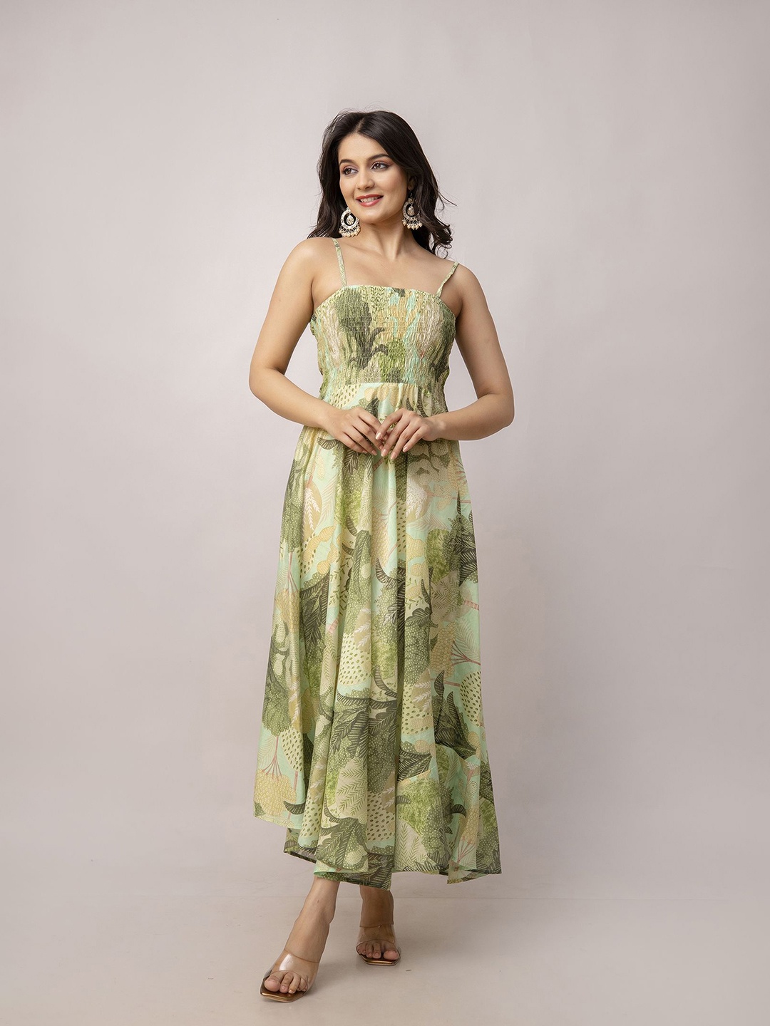 

Aawari Chanderi Printed Smocked Fit and Flare Maxi Dress, Green