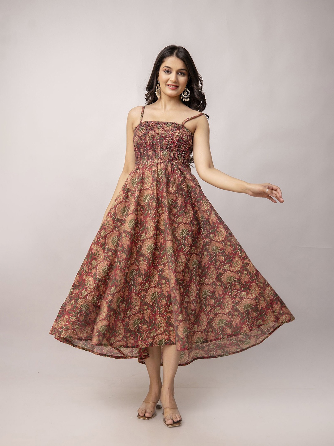 

Aawari Women Floral Printed Fit and Flare Dress, Maroon