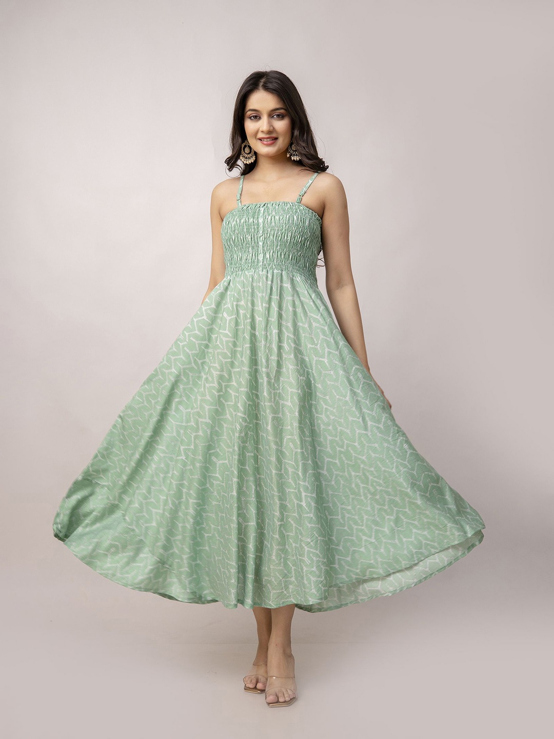 

Aawari Women Printed Fit and Flare Maxi Dress, Green