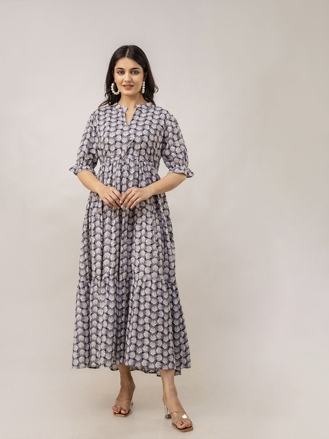 

KALINI Women Ethnic Motifs Printed A-Line Tiered Cotton Dress, Grey