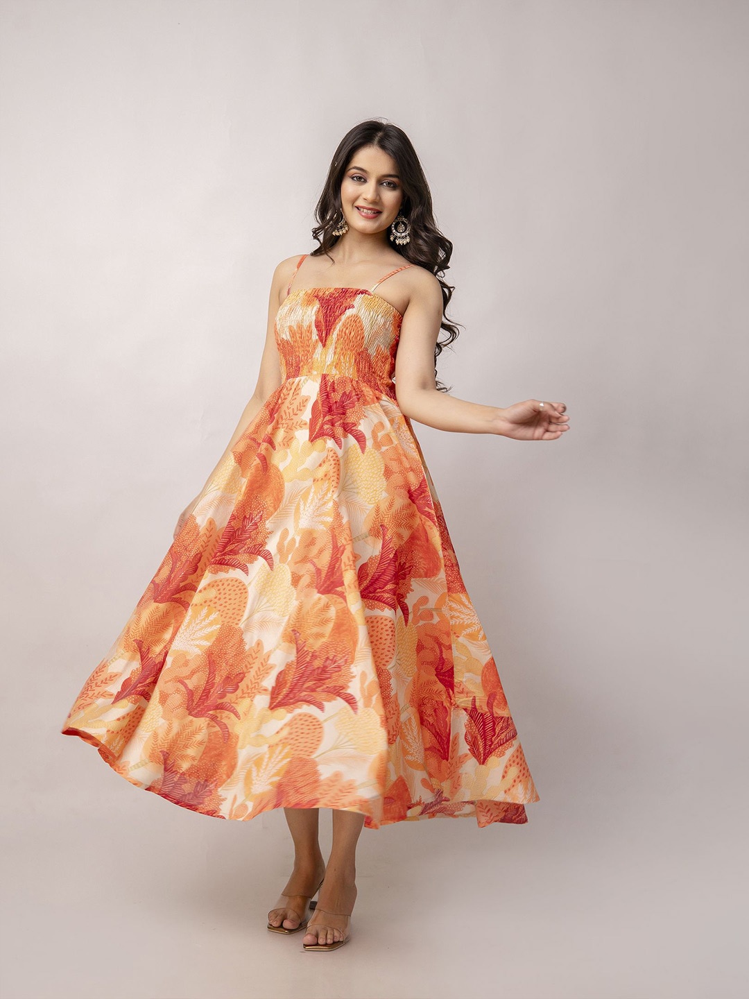 

KALINI Women Floral Printed Fit & Flared Maxi Dress, Orange