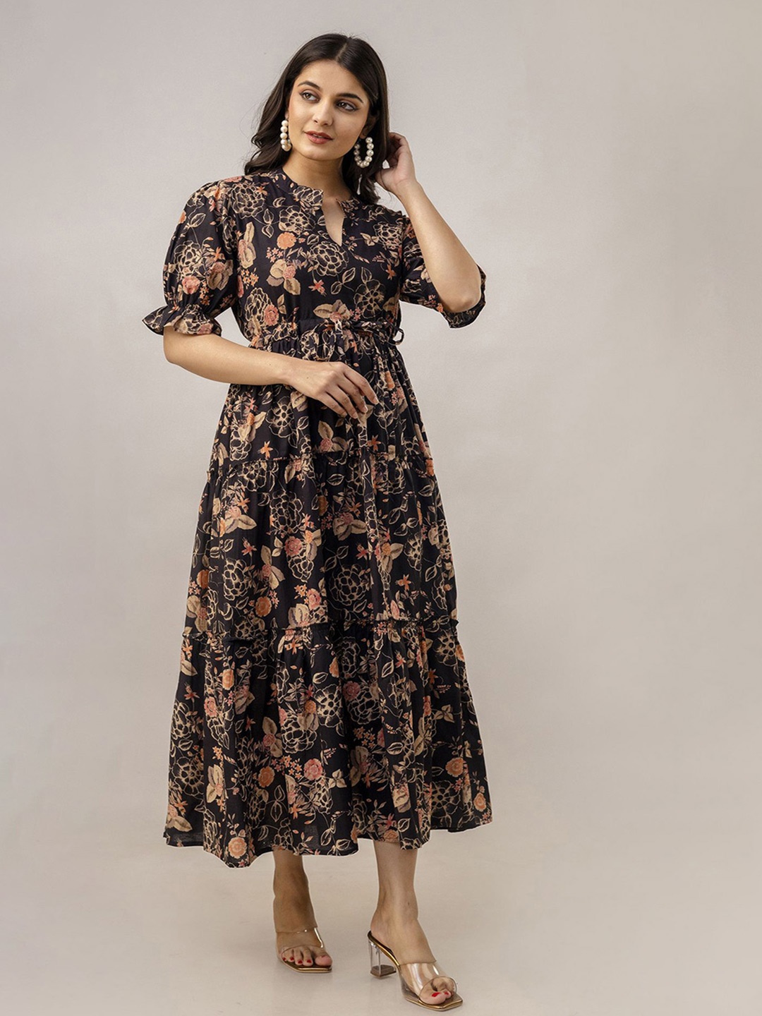 

KALINI Floral Printed Cotton Tiered Fit & Flare Midi Dress, Black
