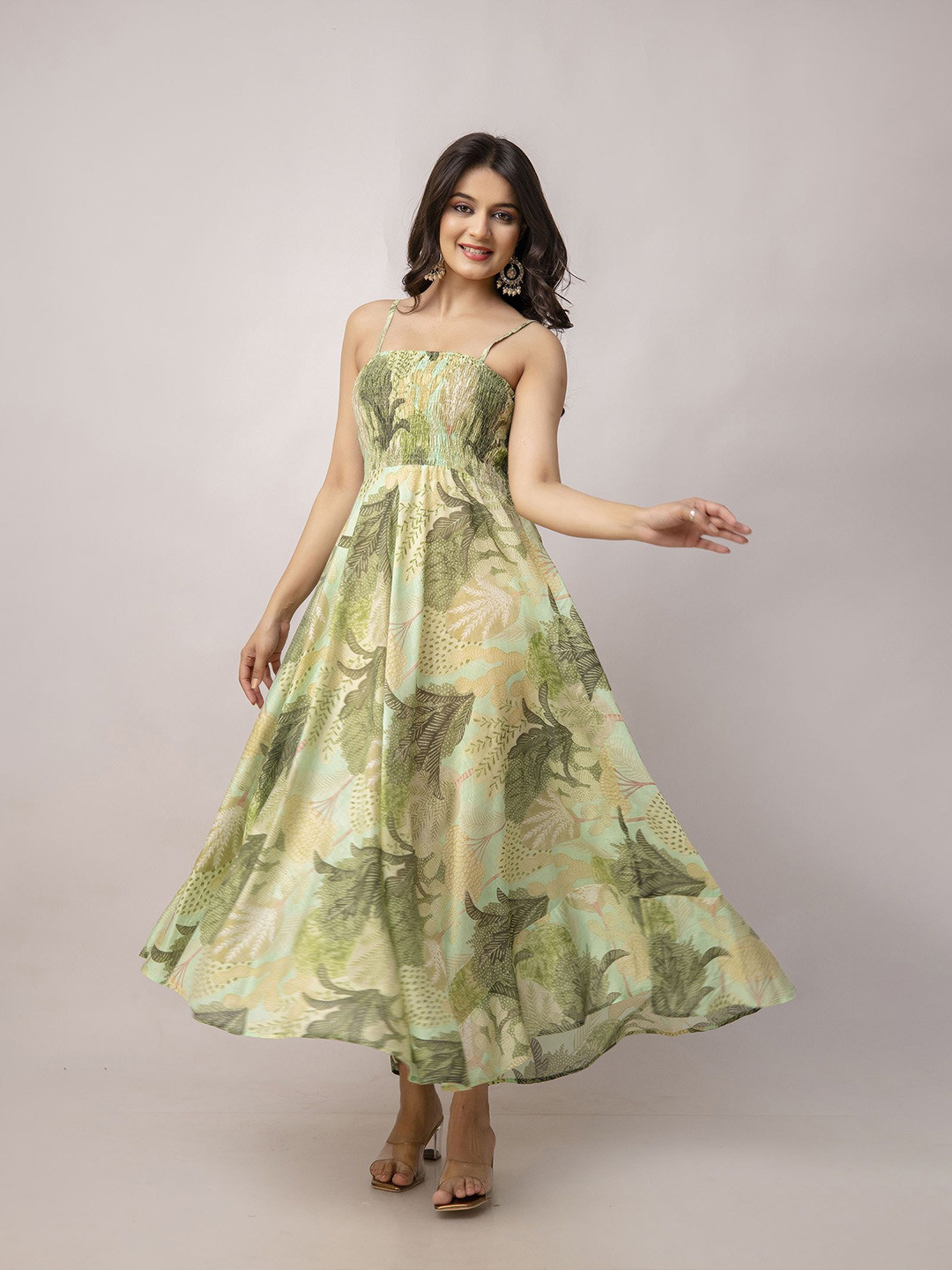 

KALINI Floral Printed Shoulder Straps Fit and Flare Maxi Dress, Green