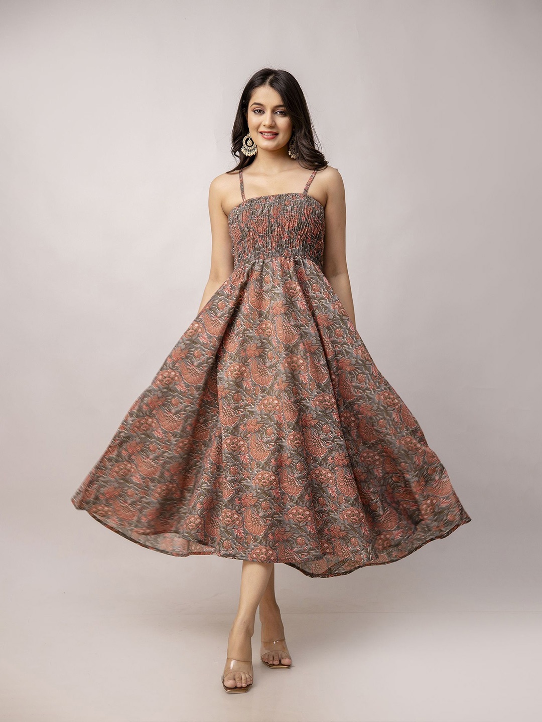 

KALINI Shoulder Straps Smocked Fit and Flare Midi Dress, Maroon