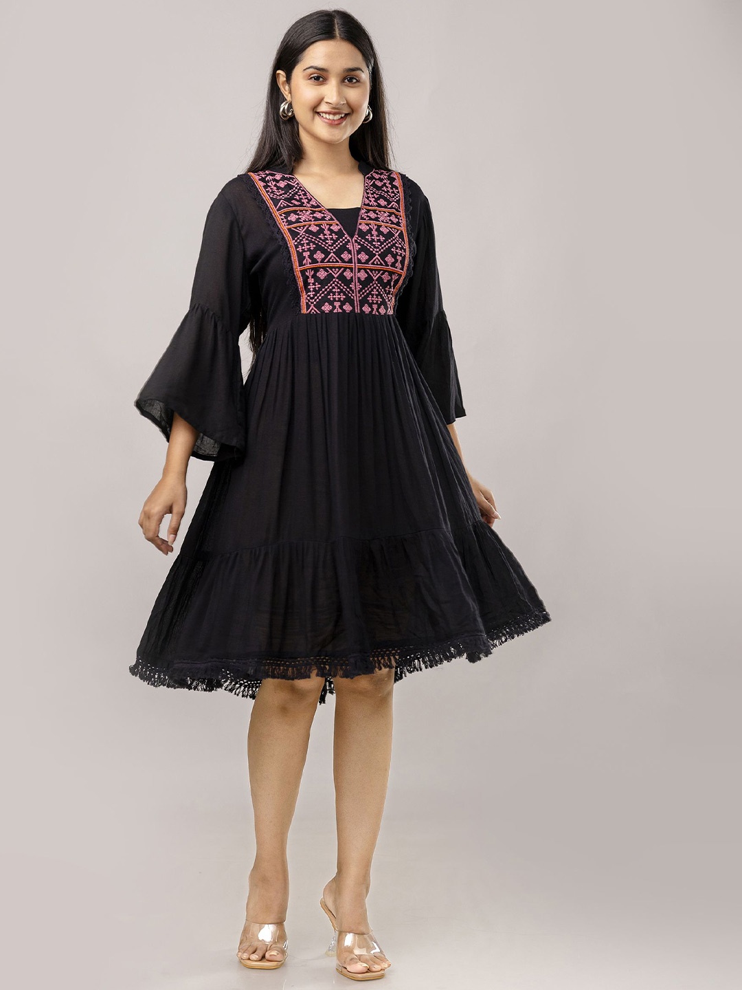 

Aawari Women Embroidered Fit and Flare Dress, Black