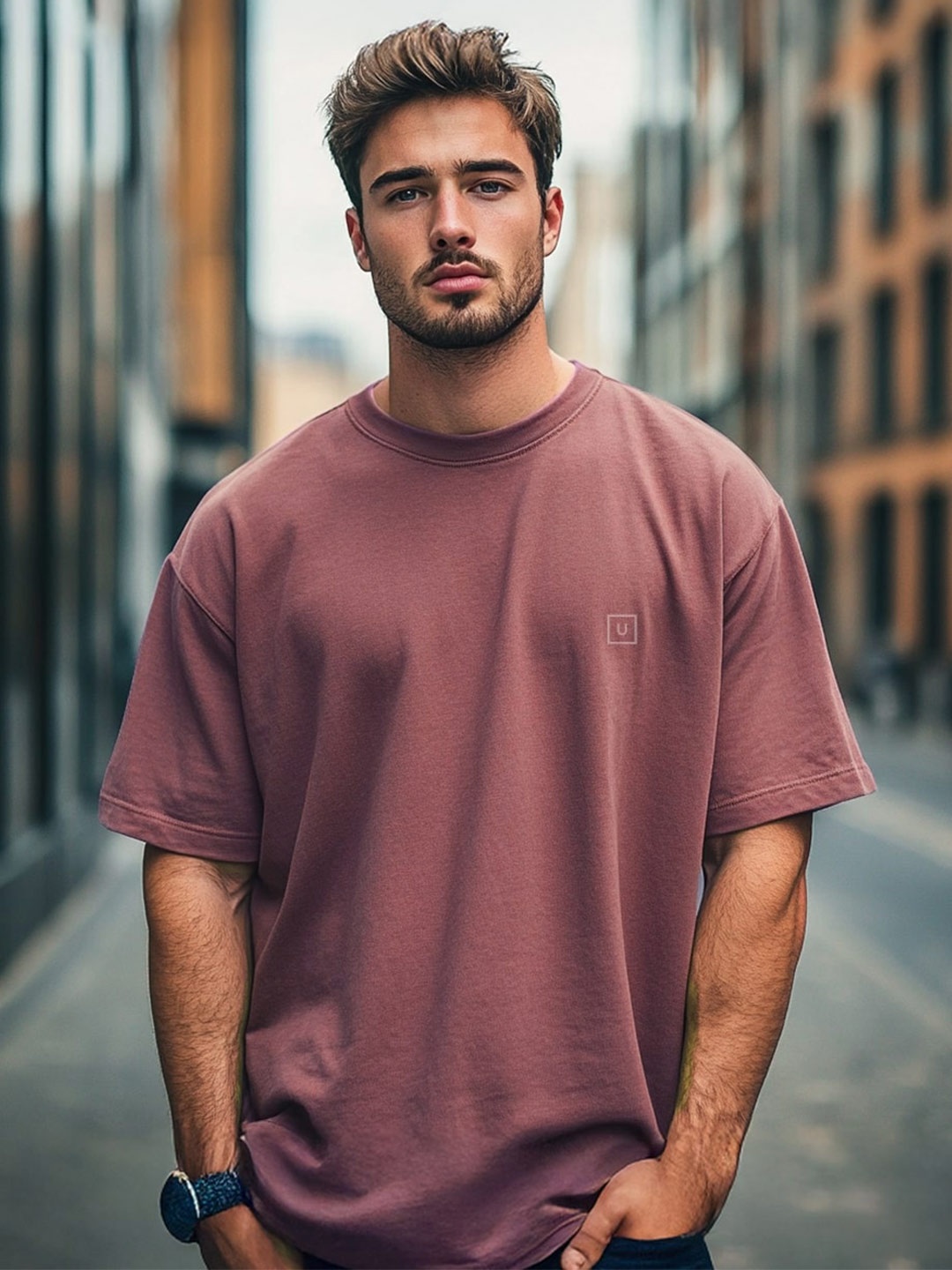 

Urbano Fashion Men Solid Round Neck Cotton Oversized T-shirt, Mauve