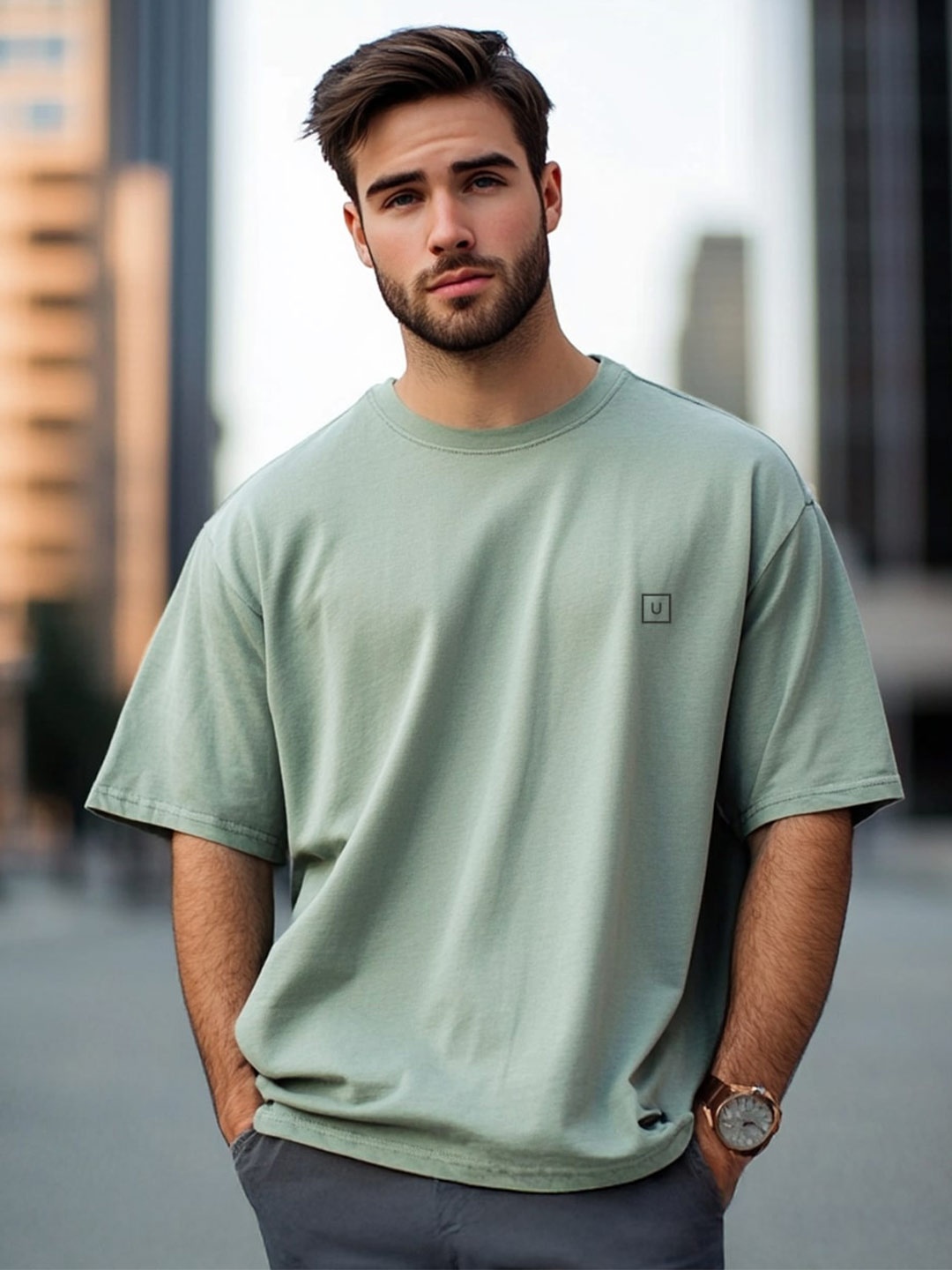 

Urbano Fashion Men Solid Round Neck Cotton Oversized T-shirt, Sea green