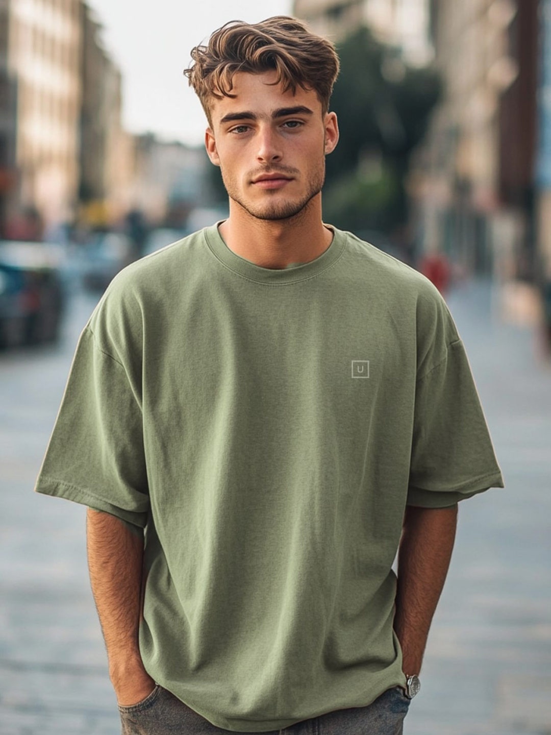 Urbano Fashion Men Solid Round Neck Cotton Oversized T-shirt, Olive