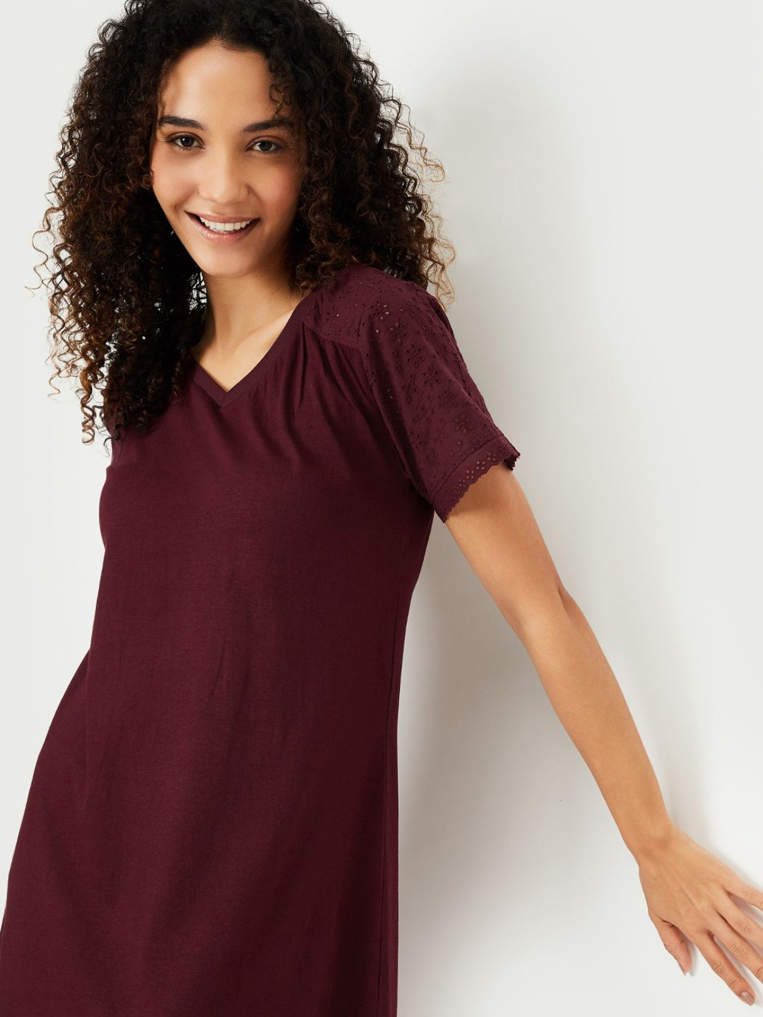 

max Women V-Neck Pure Cotton Knee Length Nightdress, Brown