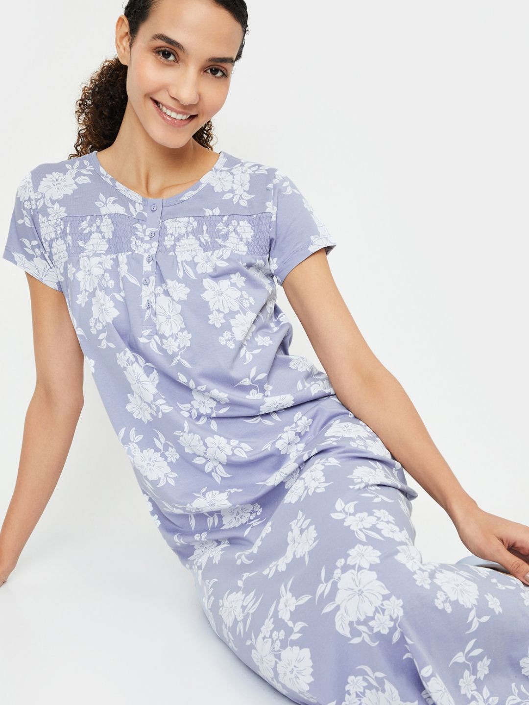 

max Women Floral Printed Pure Cotton Nightdress, Blue