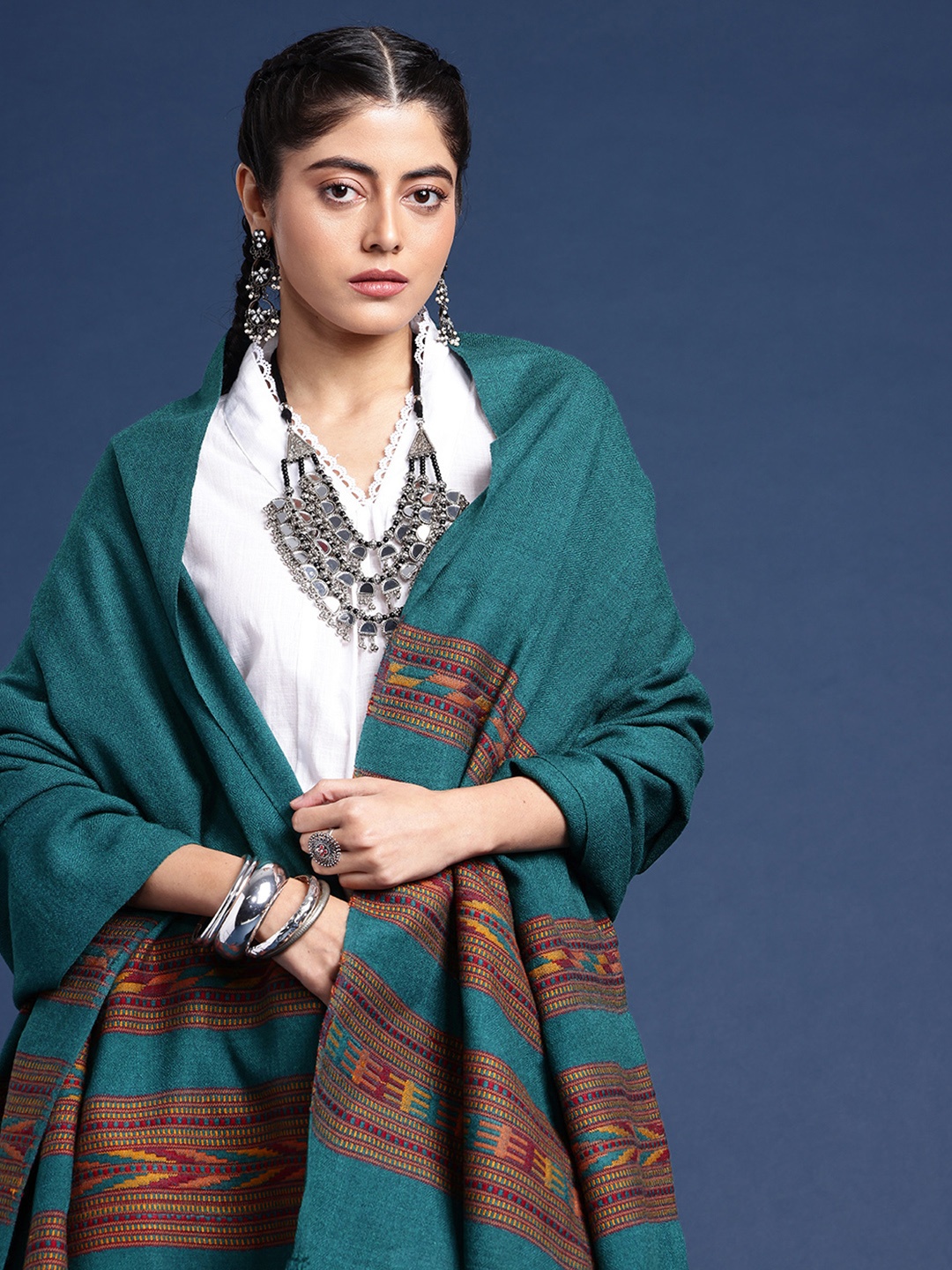

Taavi Geometric Woven Design Kullu Shawl, Teal