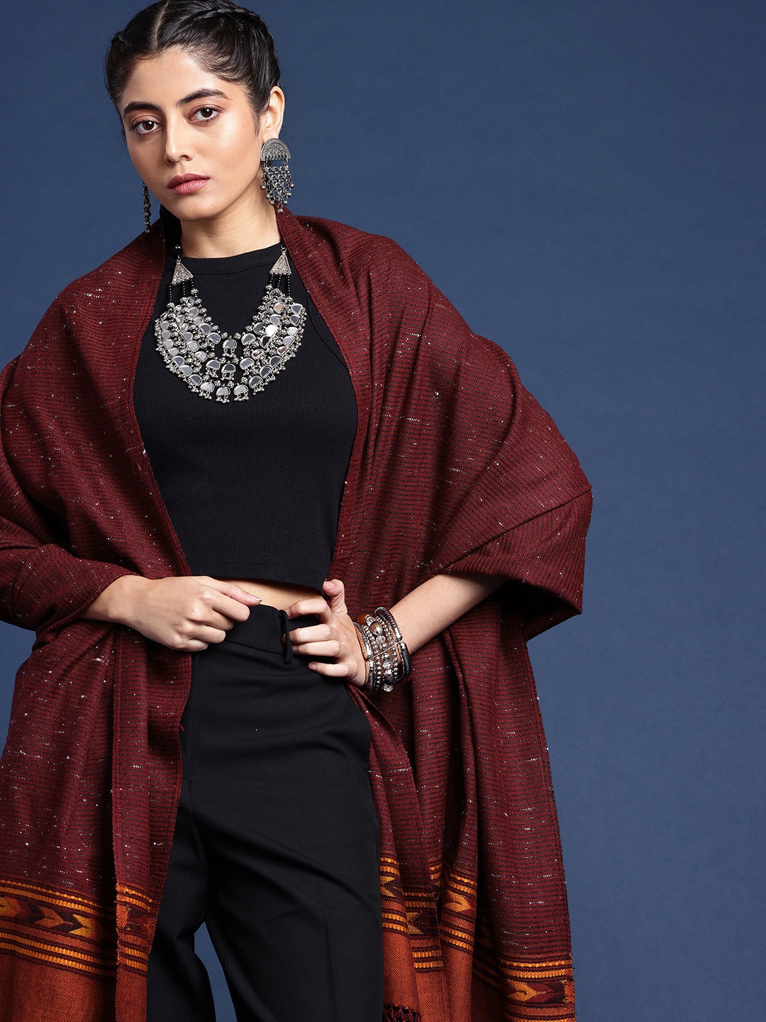

Taavi Geometric Woven Design Kullu Shawl, Maroon