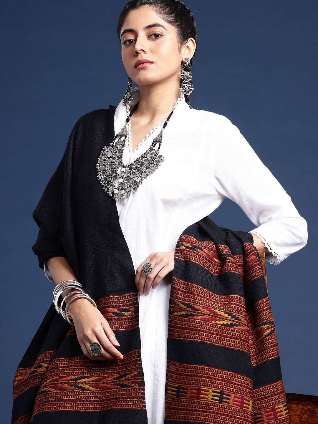 

Taavi Women Geometric Woven Design Kullu Shawl, Black