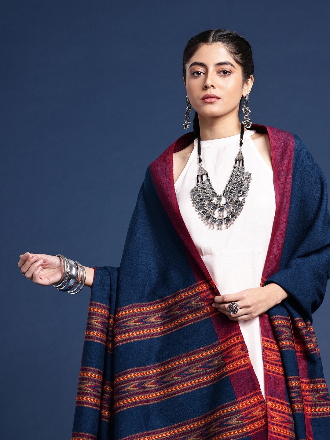 

Taavi Women Geometric Woven Design Kullu Shawl, Blue