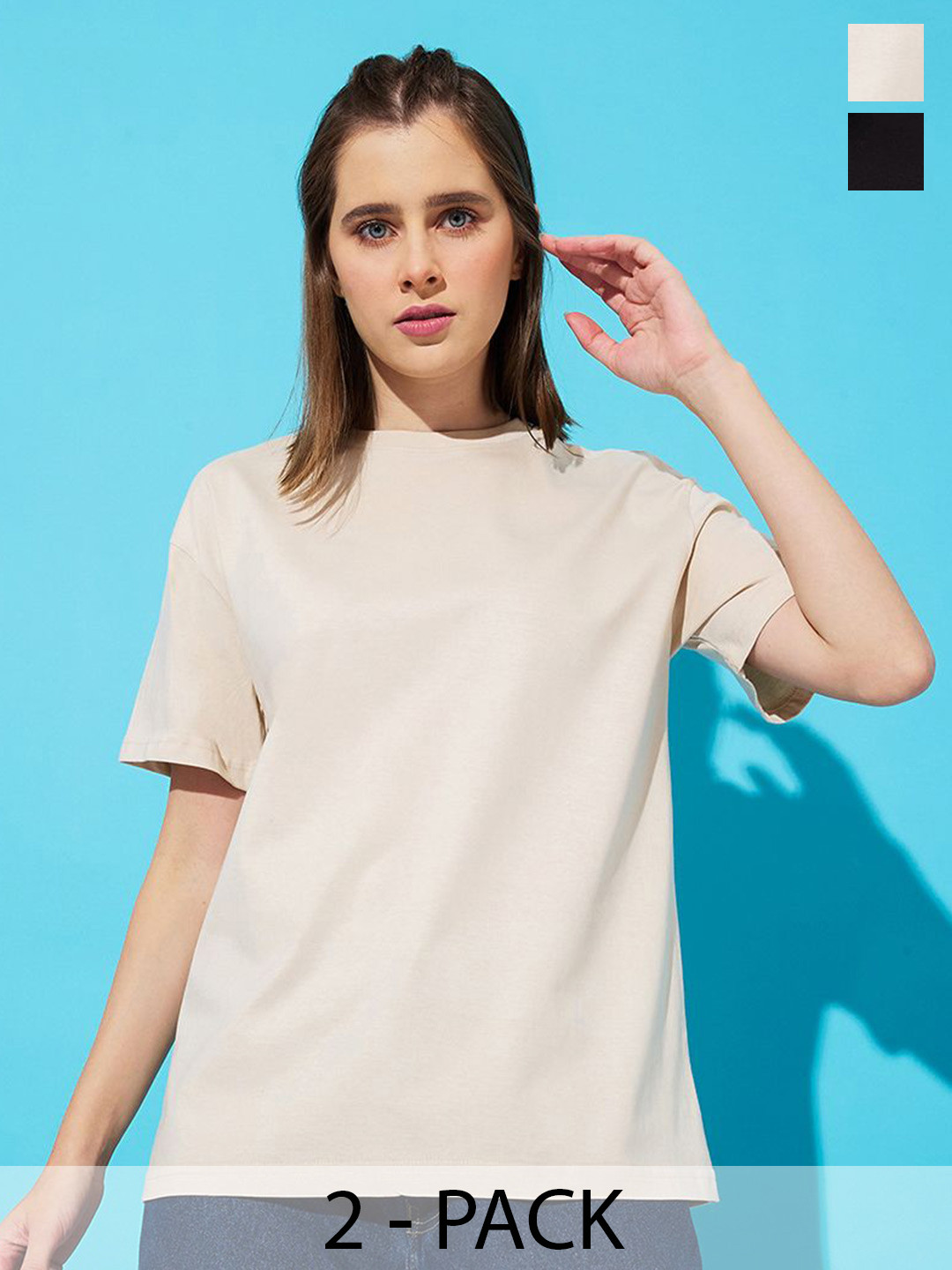 

The Roadster Lifestyle Co. Women Pack Of 2 Solid Round Neck Cotton Oversized T-shirts, Black