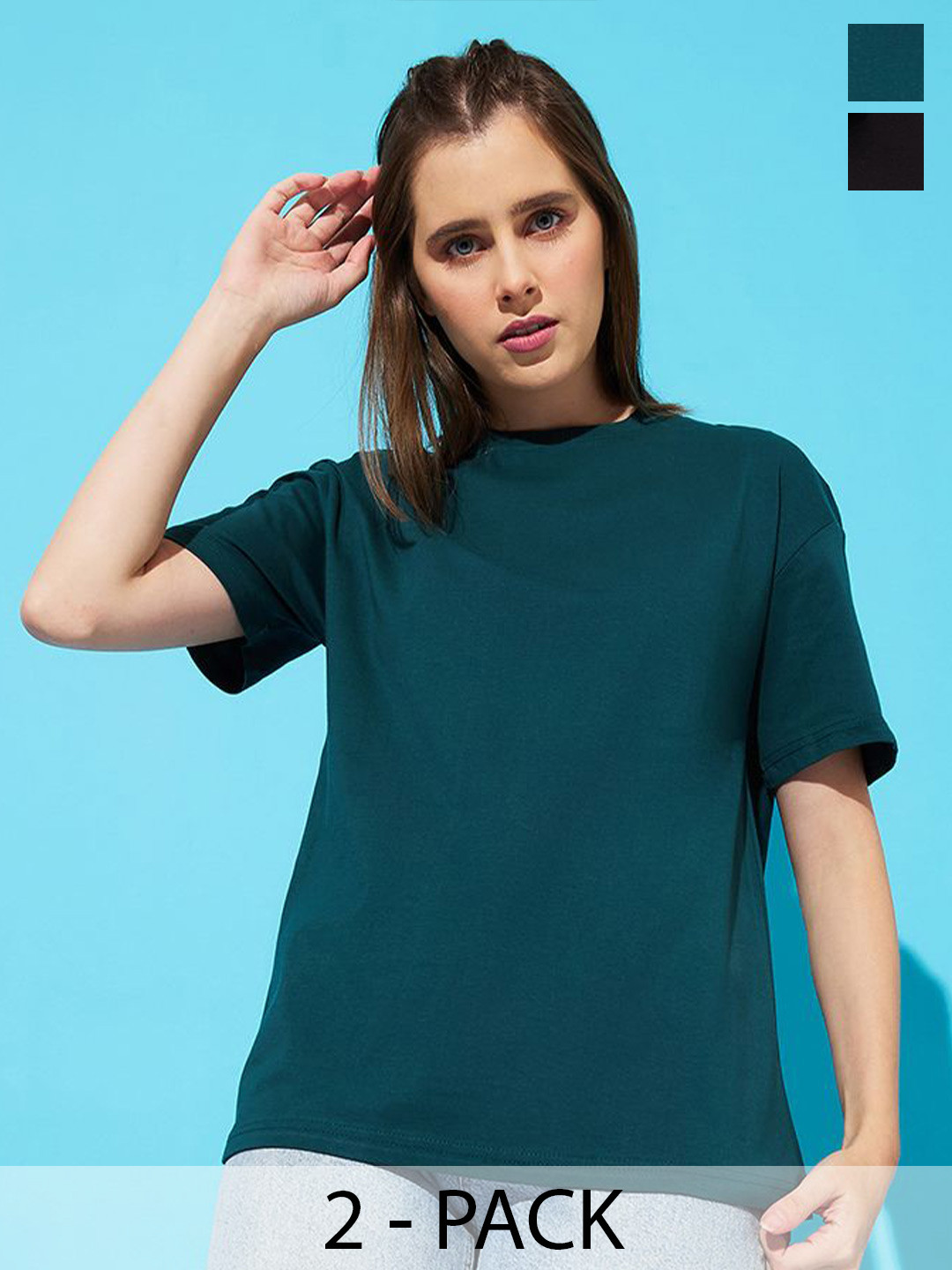 

The Roadster Lifestyle Co. Women WMN_Reflecting Pack Of 2 Solid Cotton Oversized T-shirts, Teal