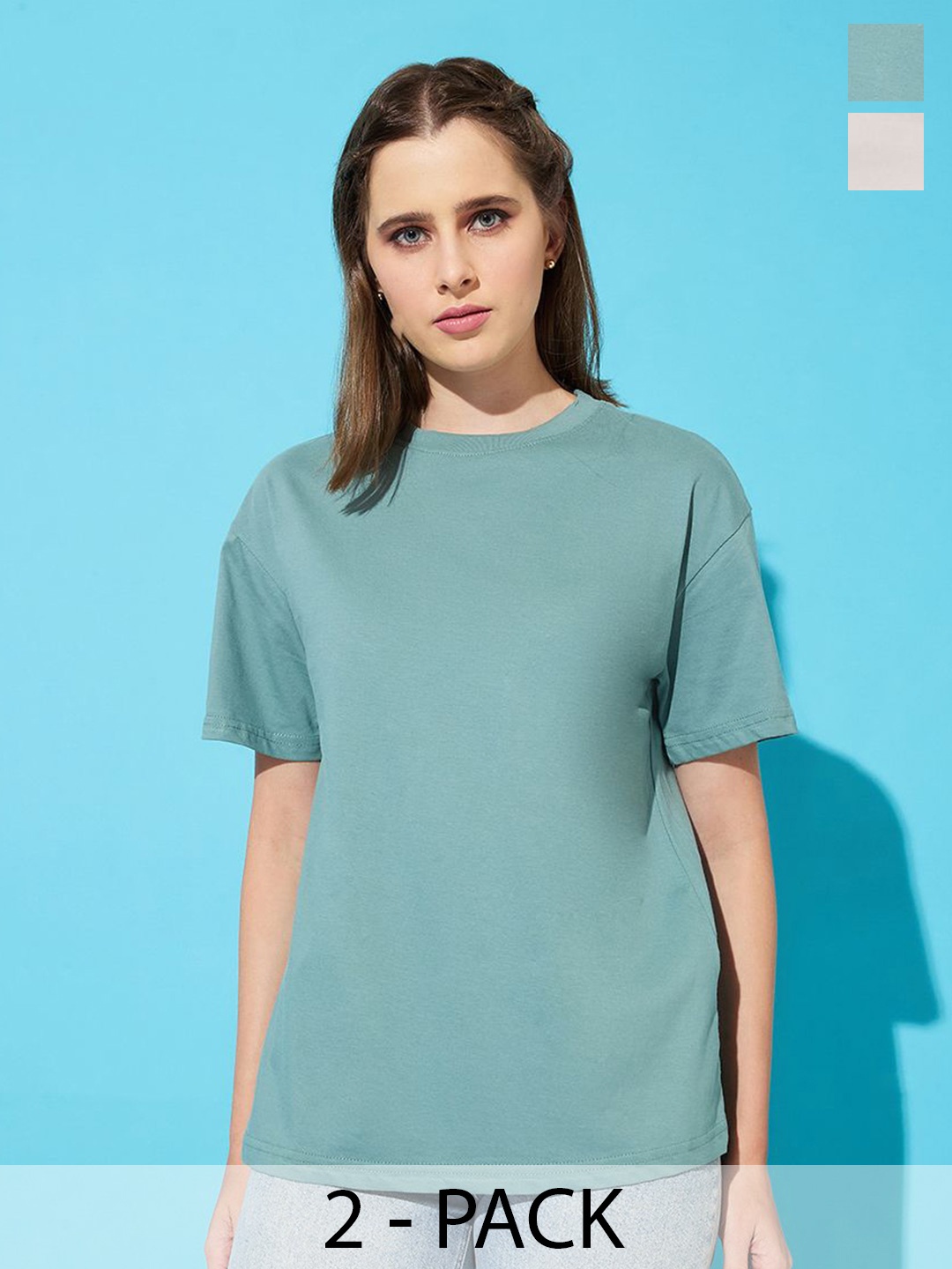 

The Roadster Lifestyle Co. Women Pack Of 2 Solid Round Neck Cotton Oversized T-shirts, Sea green