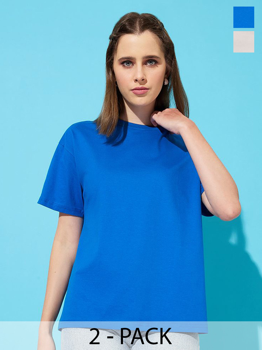 

The Roadster Lifestyle Co. Women Pack Of 2 Solid Round Neck Cotton Oversized T-shirts, Blue