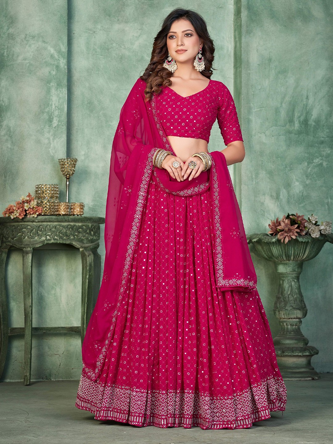 

Warthy Ent Embroidered Thread Work Semi-Stitched Lehenga & Unstitched Blouse With Dupatta, Pink