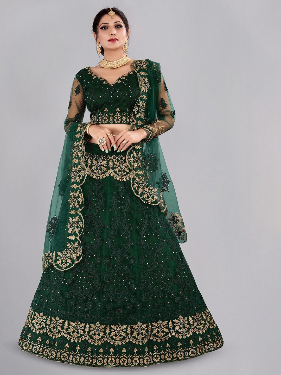 

Warthy Ent Embroidered Thread Work Semi-Stitched Lehenga & Unstitched Blouse With Dupatta, Green