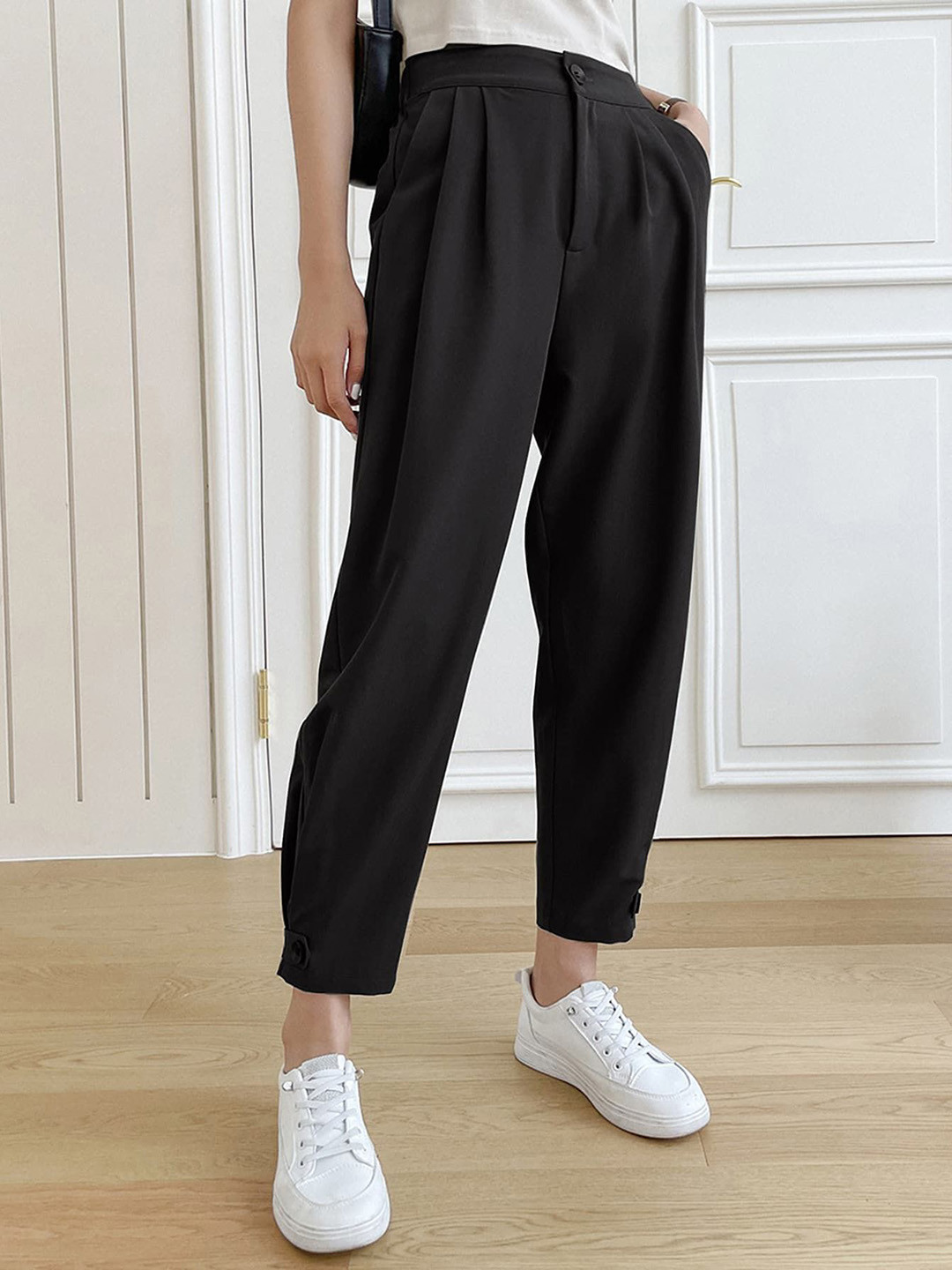 

AAHWAN Women High Waist Loose Pleated Wide Leg Korean Trouser, Black