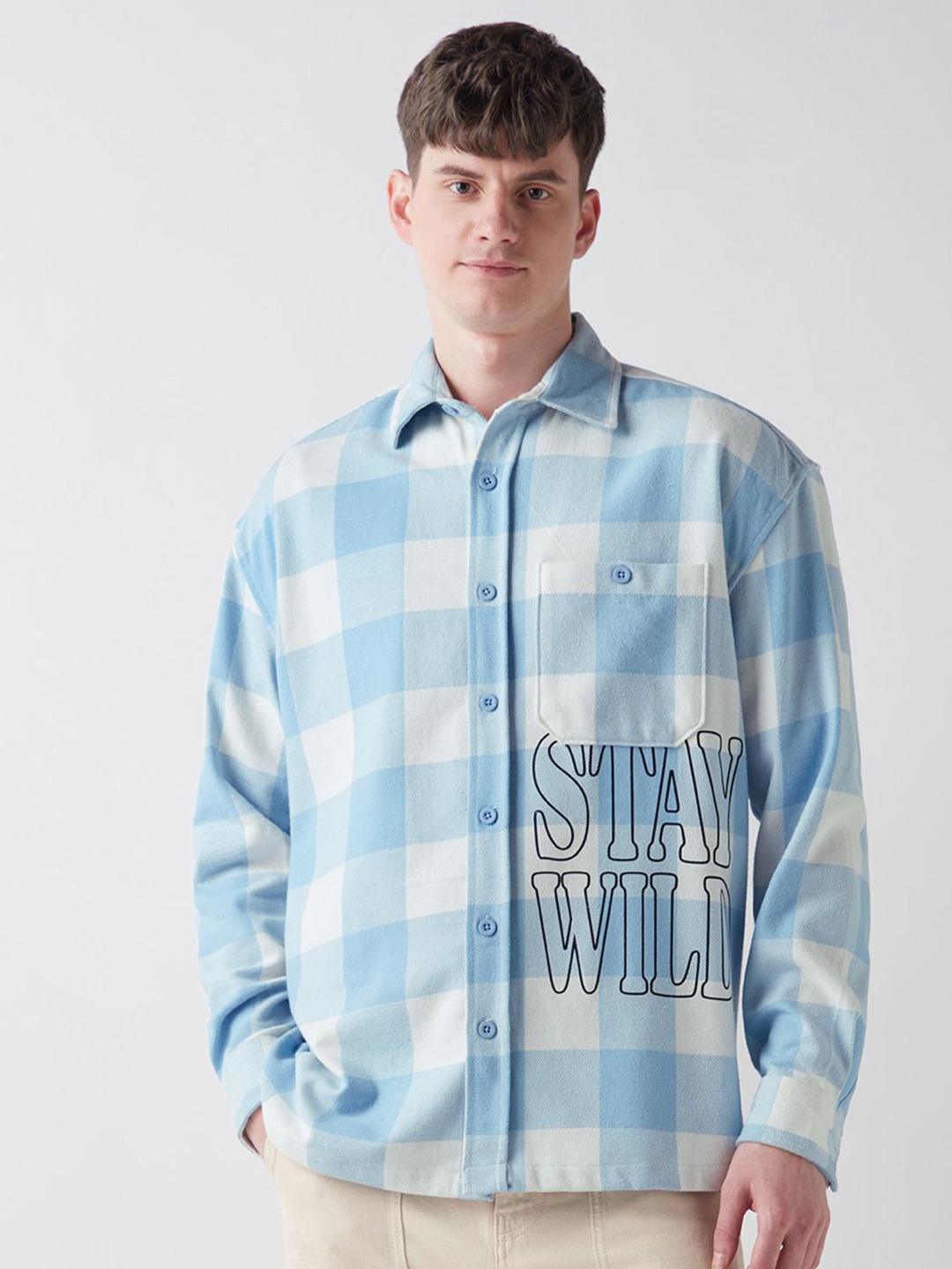 

Bewakoof Men Standard Spread Collar Buffalo Checked Cotton Oversized Casual Shirt, Blue