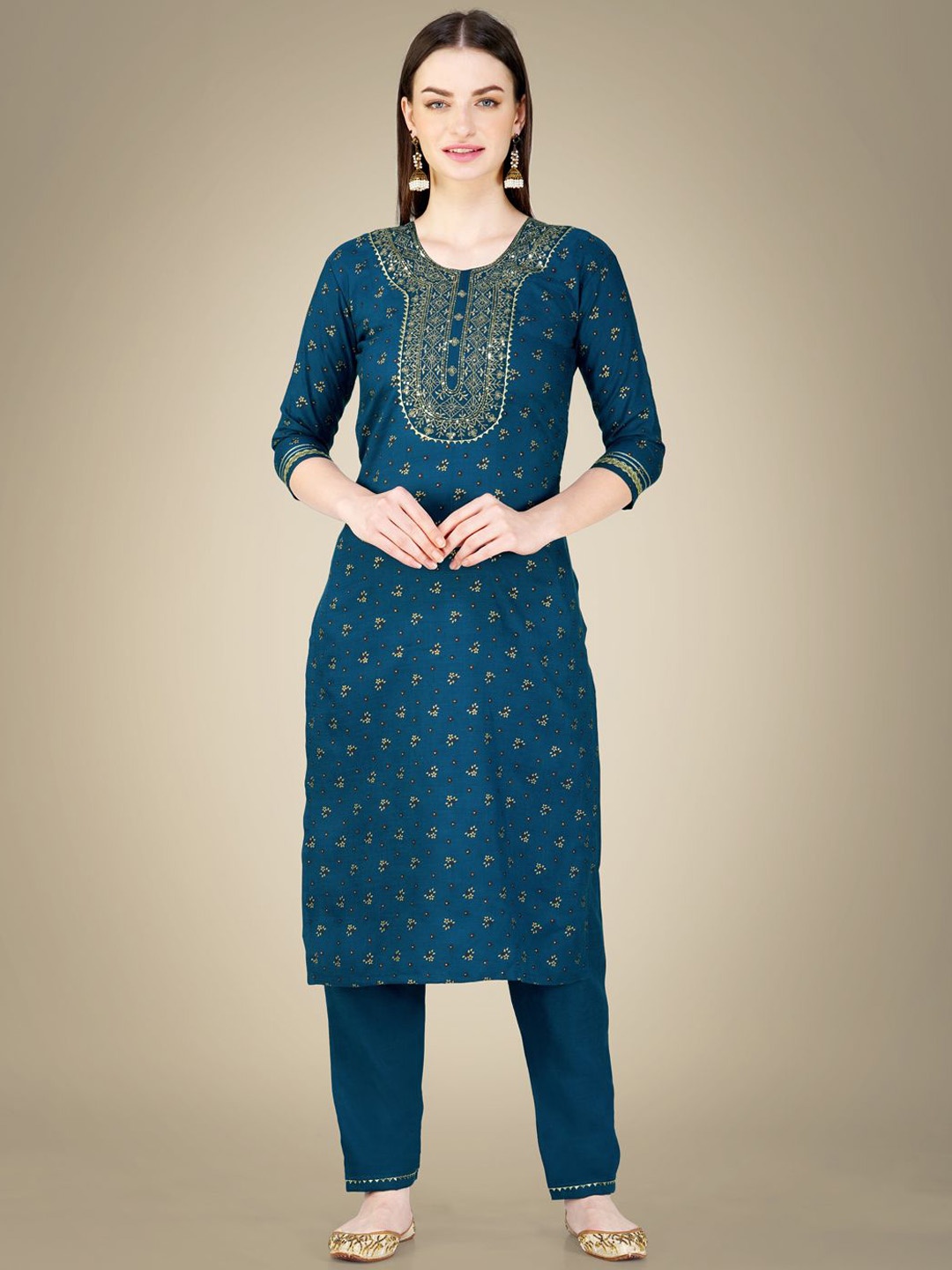 

HI FI NX Women Ethnic Motifs Embroidered Regular Kurta with Churidar & With Dupatta, Blue