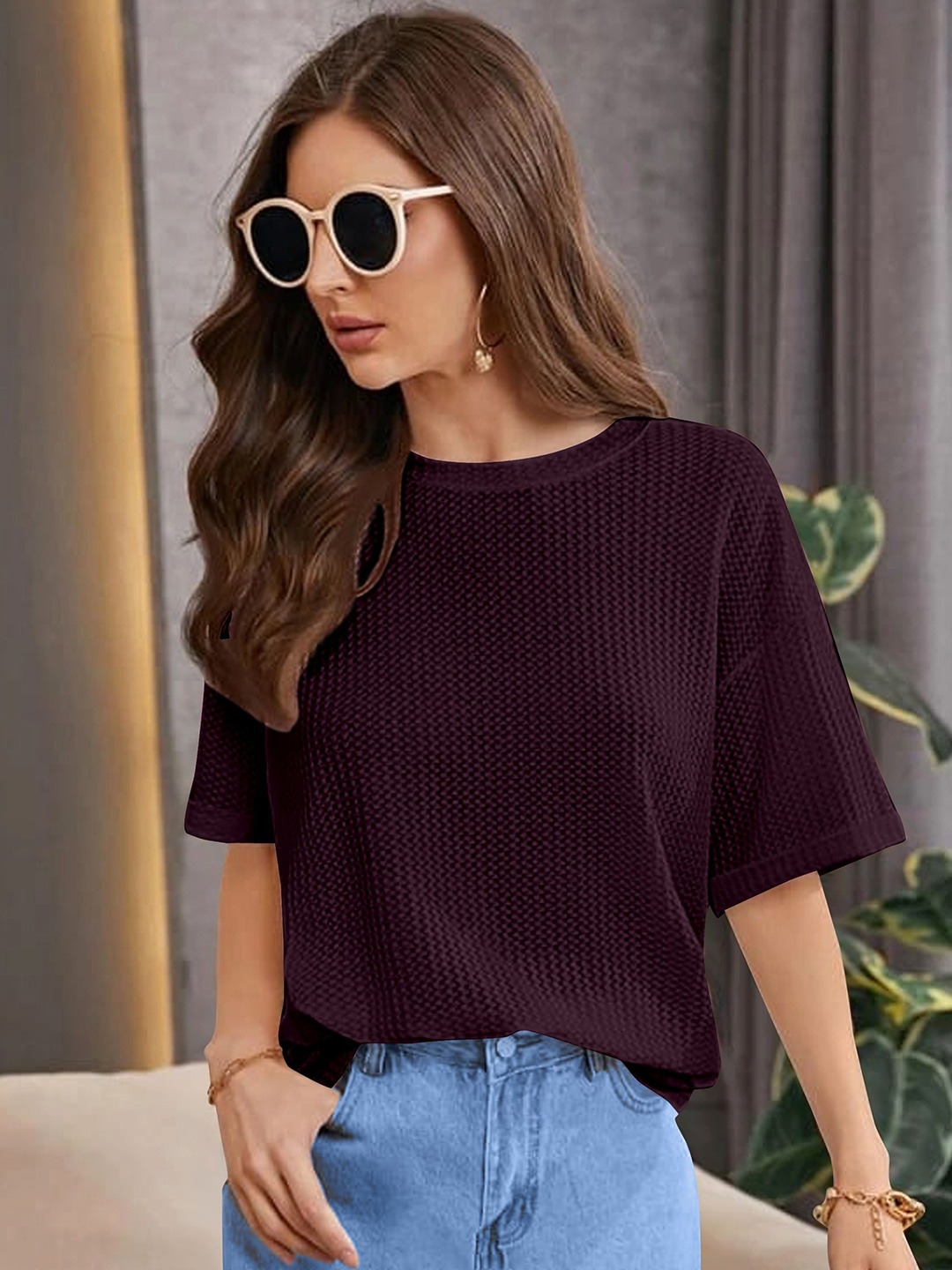 

Fashion2wear Women Self Design Round Neck Cotton Oversized T-shirt, Burgundy