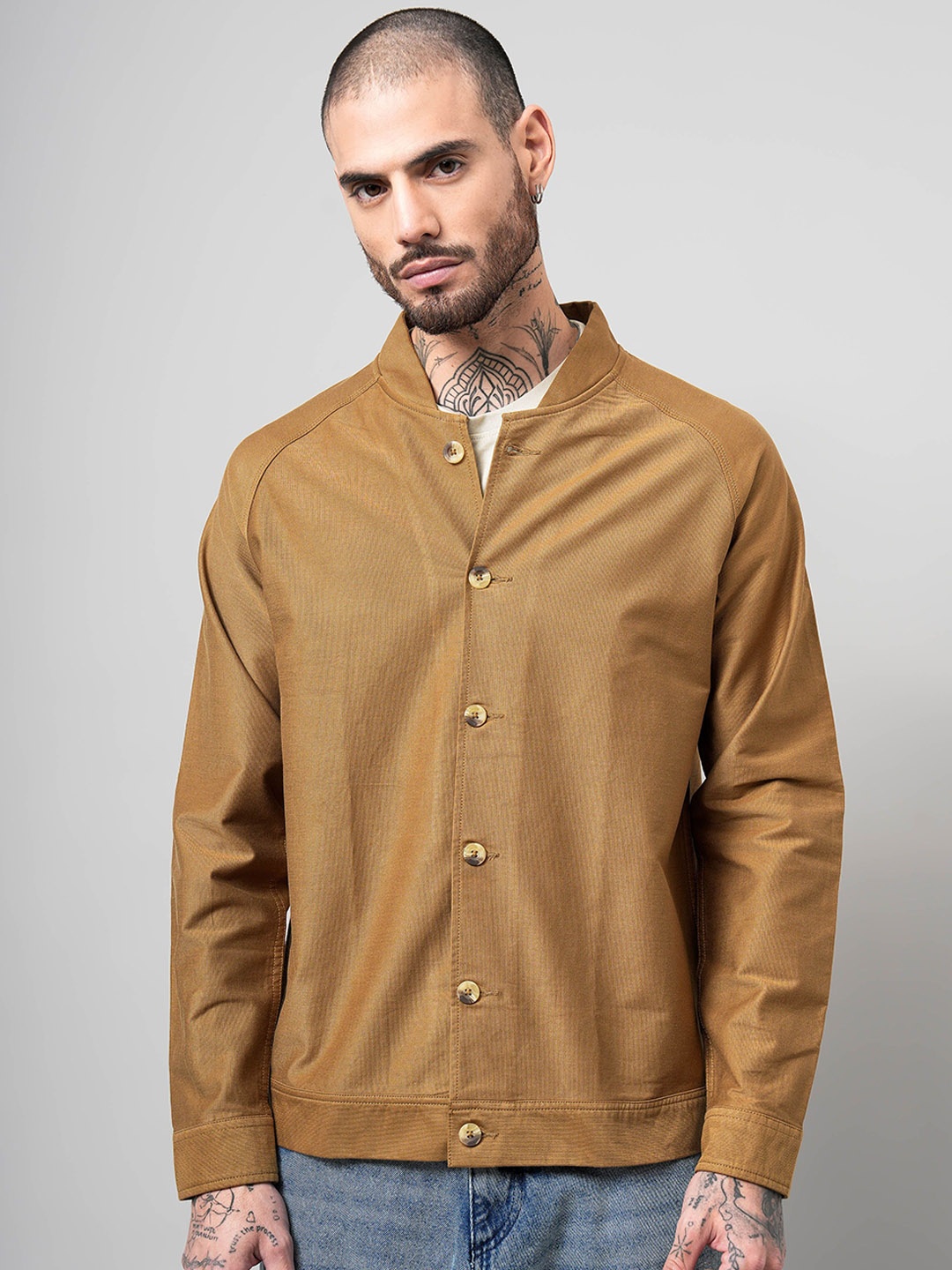 

British Club Men Stand Collar Solid Cotton Casual Tailored Jacket, Khaki