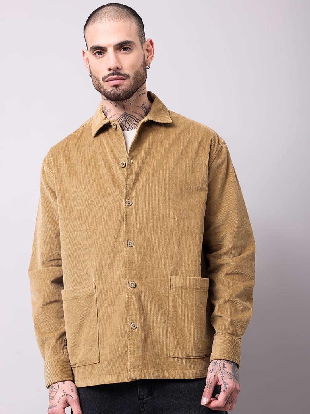 

British Club Men Spread Collar Solid Cotton Casual Tailored Jacket, Khaki