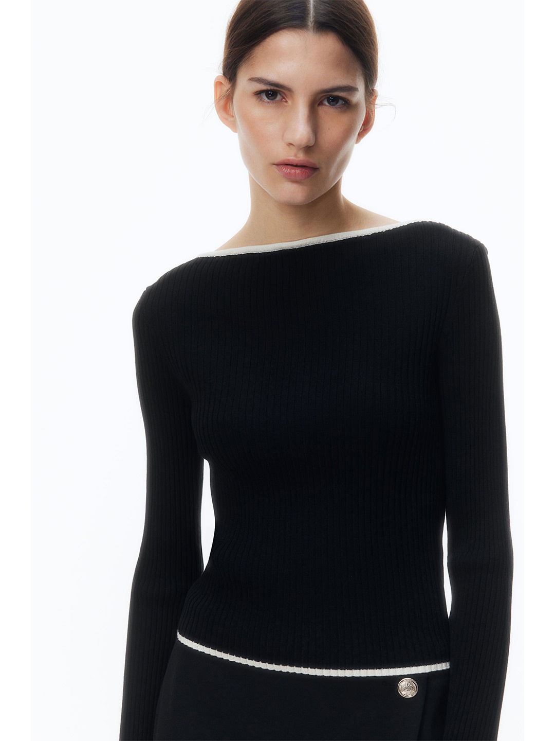 

H&M Women Rib-Knit Boat-Neck Top, Black